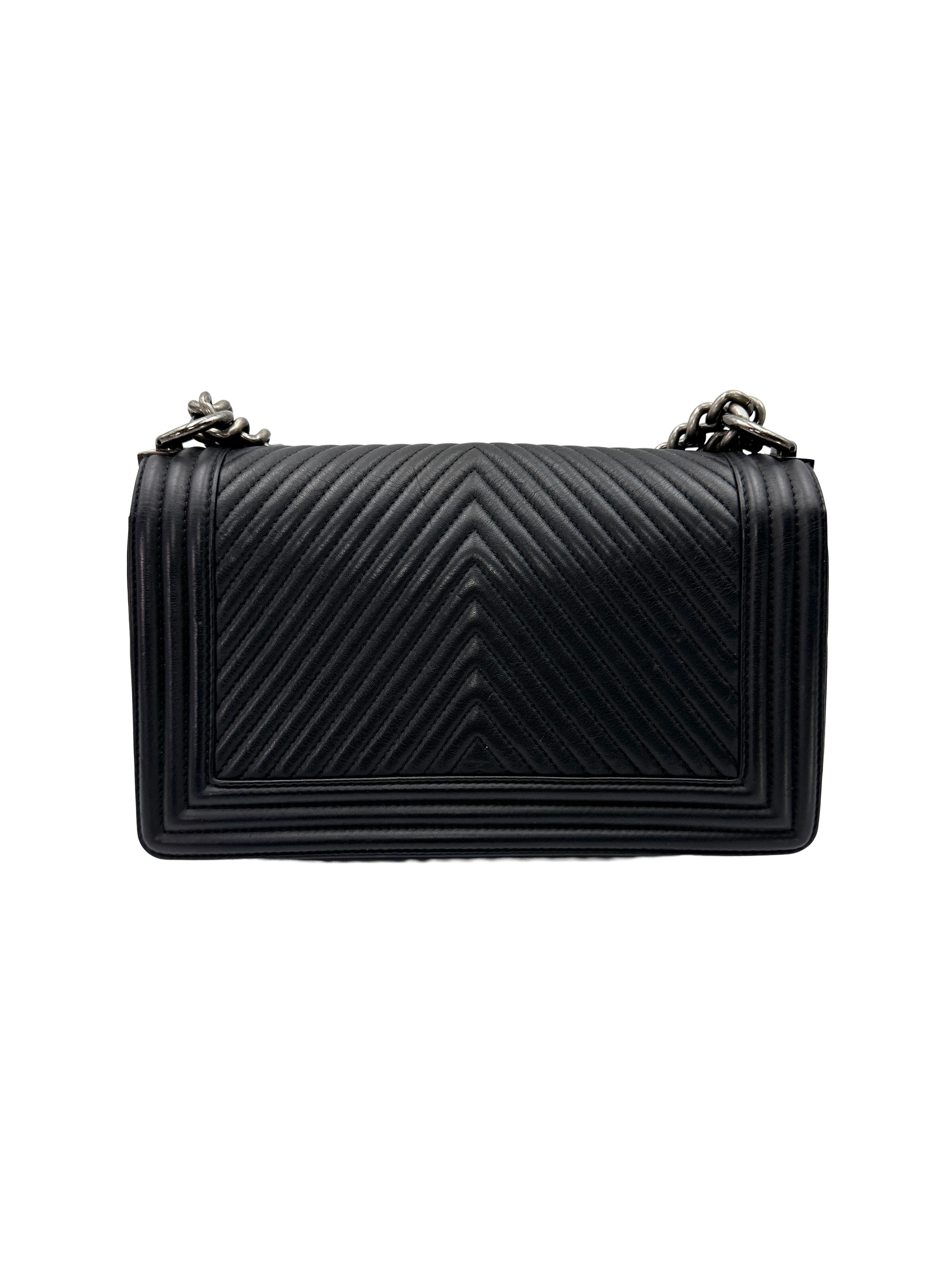 Chanel LeBoy Black Chevron Quilted Lambskin Flap Bag With Silver Buckle(19***14) CC2361