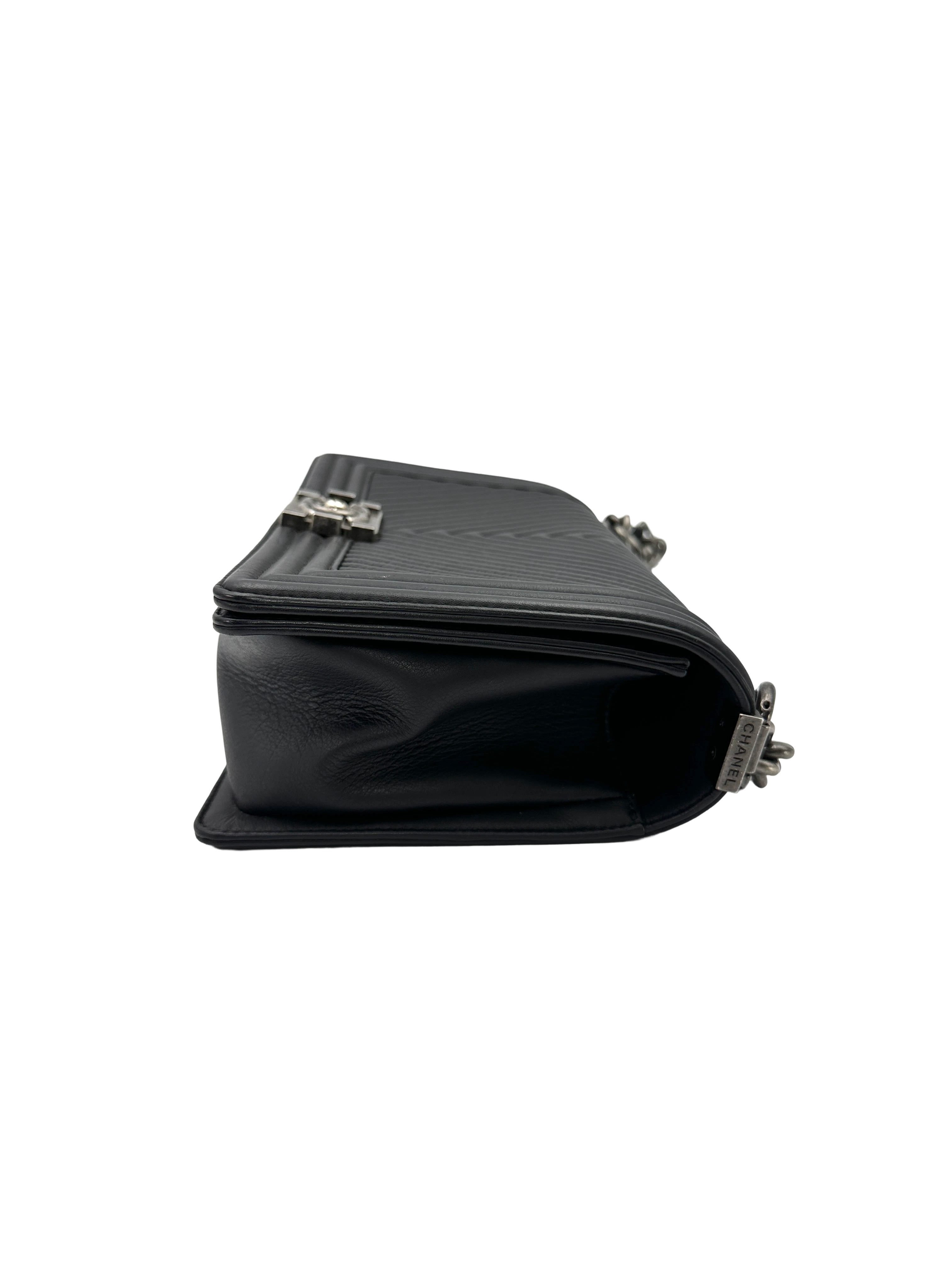 Chanel LeBoy Black Chevron Quilted Lambskin Flap Bag With Silver Buckle(19***14) CC2361