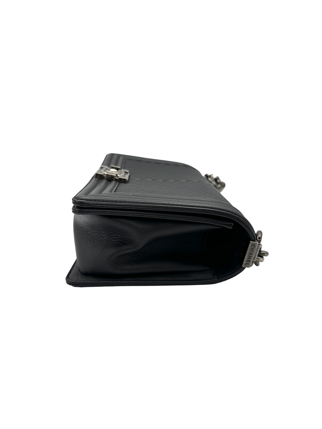 Chanel LeBoy Black Chevron Quilted Lambskin Flap Bag With Silver Buckle(19***14) CC2361