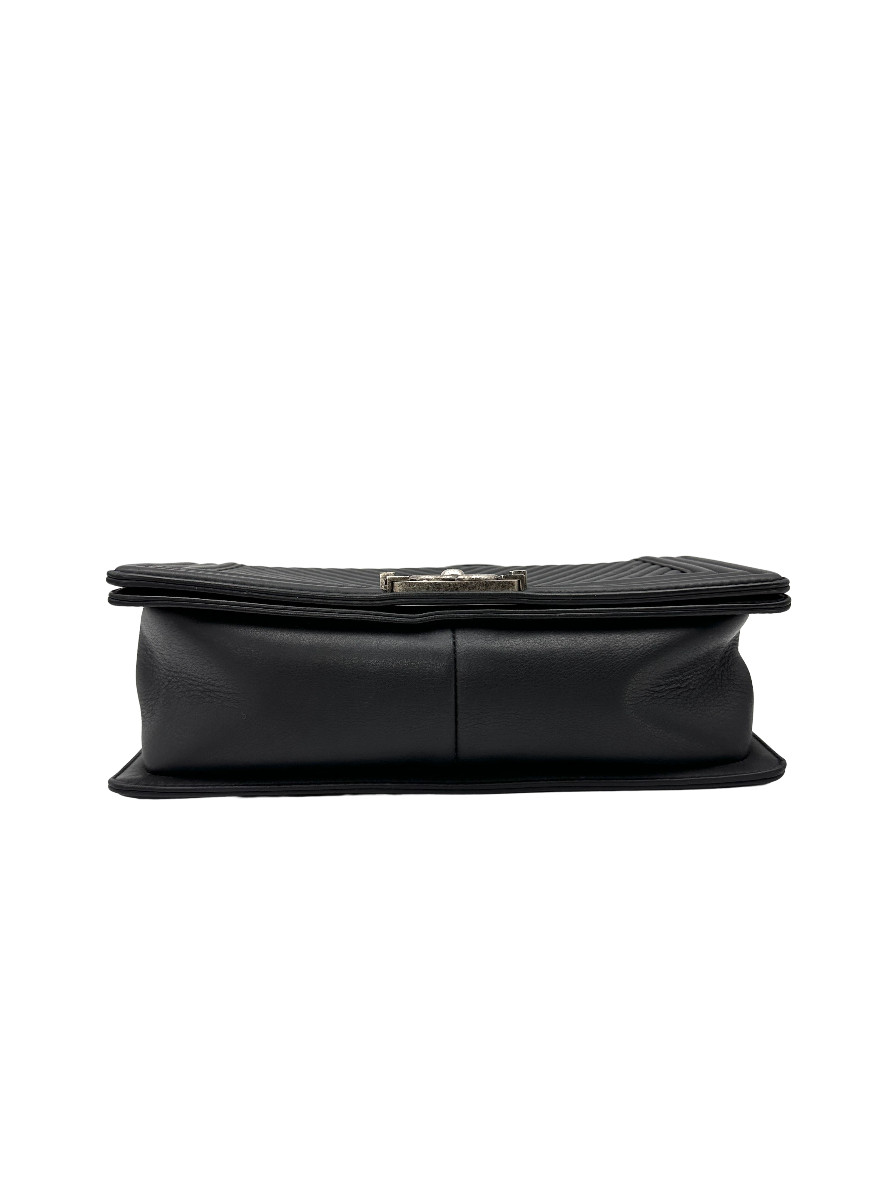 Chanel LeBoy Black Chevron Quilted Lambskin Flap Bag With Silver Buckle(19***14) CC2361