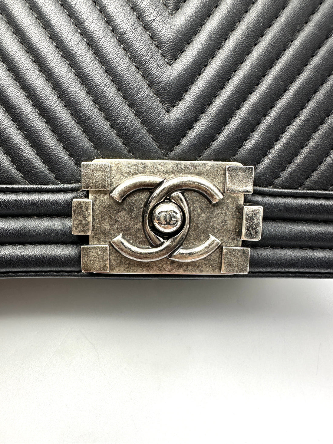 Chanel LeBoy Black Chevron Quilted Lambskin Flap Bag With Silver Buckle(19***14) CC2361