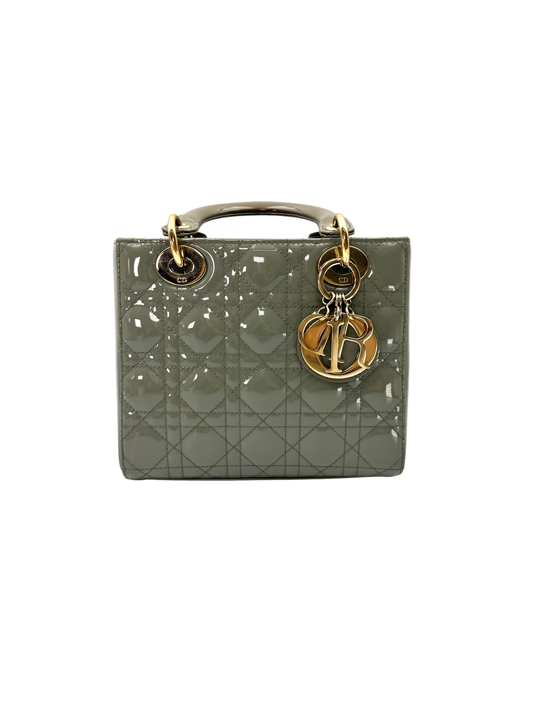 Christian Dior Lady Dior Grey Cannage Patent Leather Handle Bag DR844