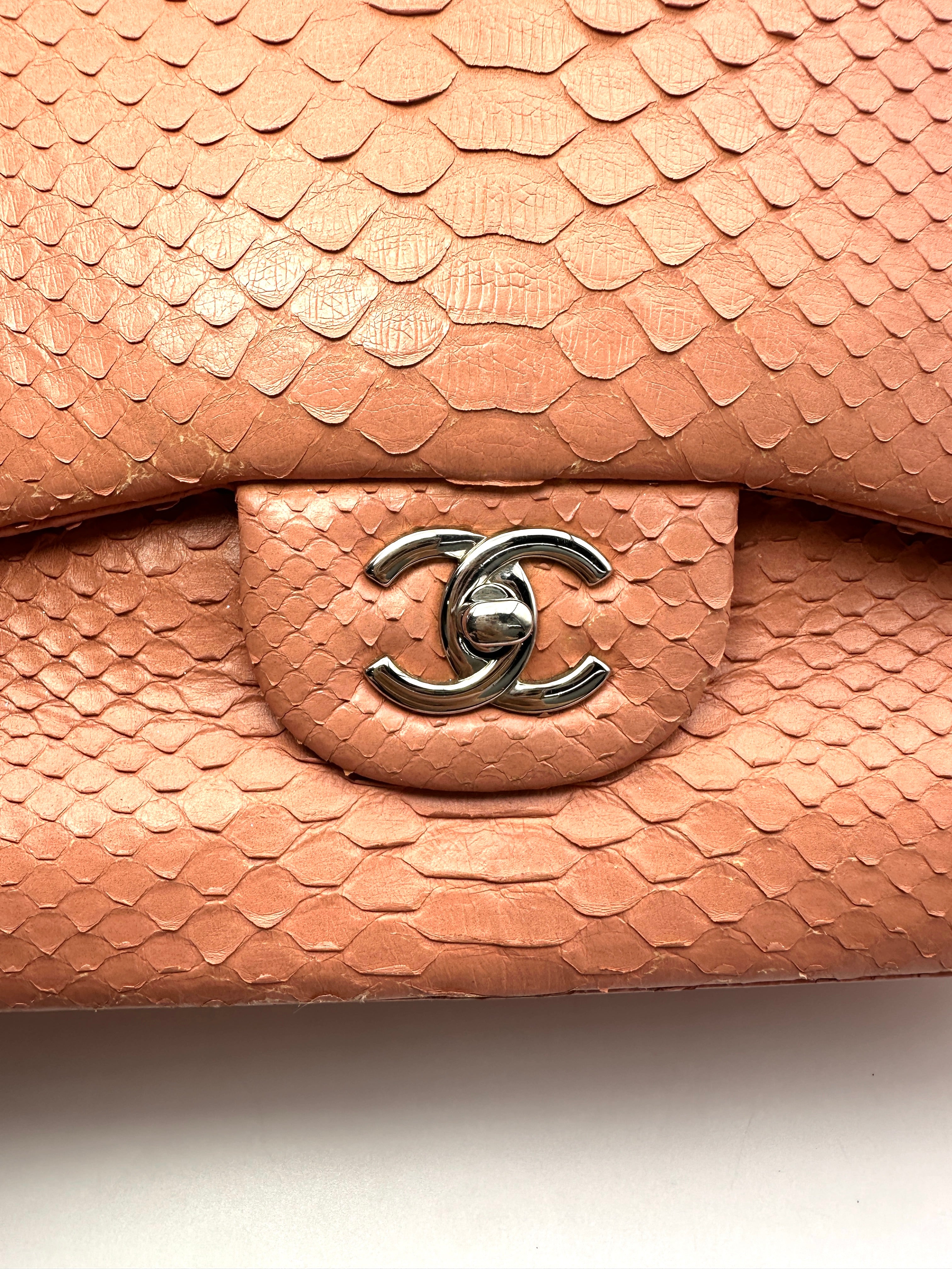 Chanel Classic Flap Pink Python Leather Jumbo Shoulder Bag(18***46) CC2369