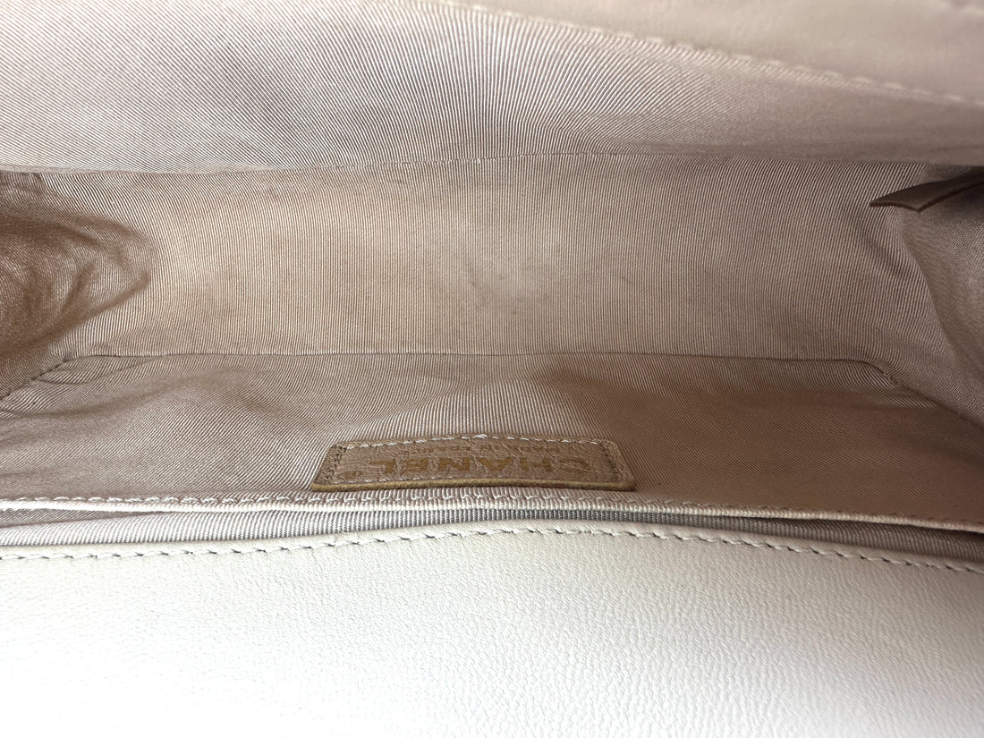 Chanel LeBoy White Quilted Leather Medium Size Flap Bag With Gold Buckle(24***87) CC2367