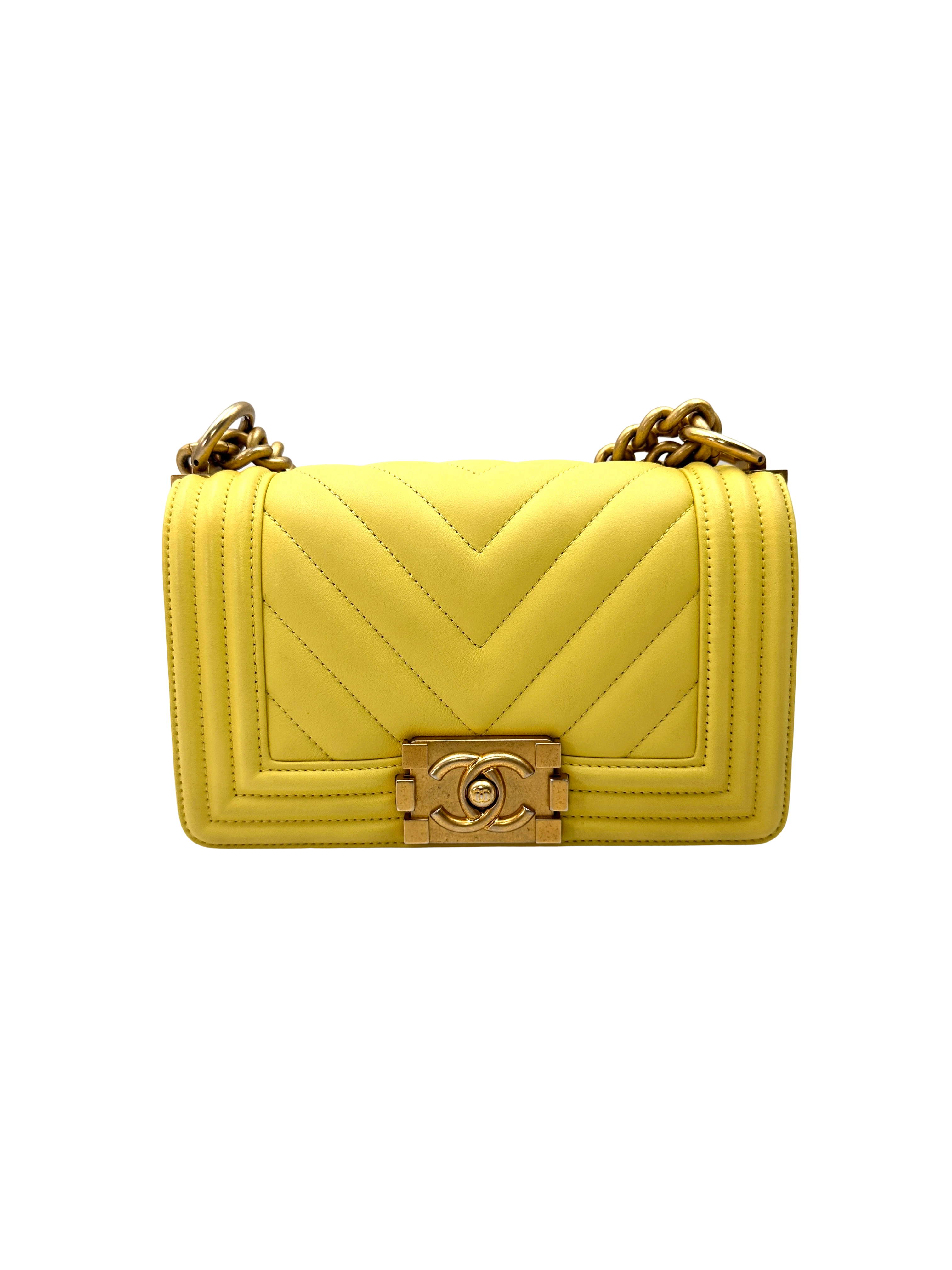 Chanel LeBoy Yellow Chevron Quilted Leather Small Size Flap Bag With Gold Buckle(25***55) CC2375