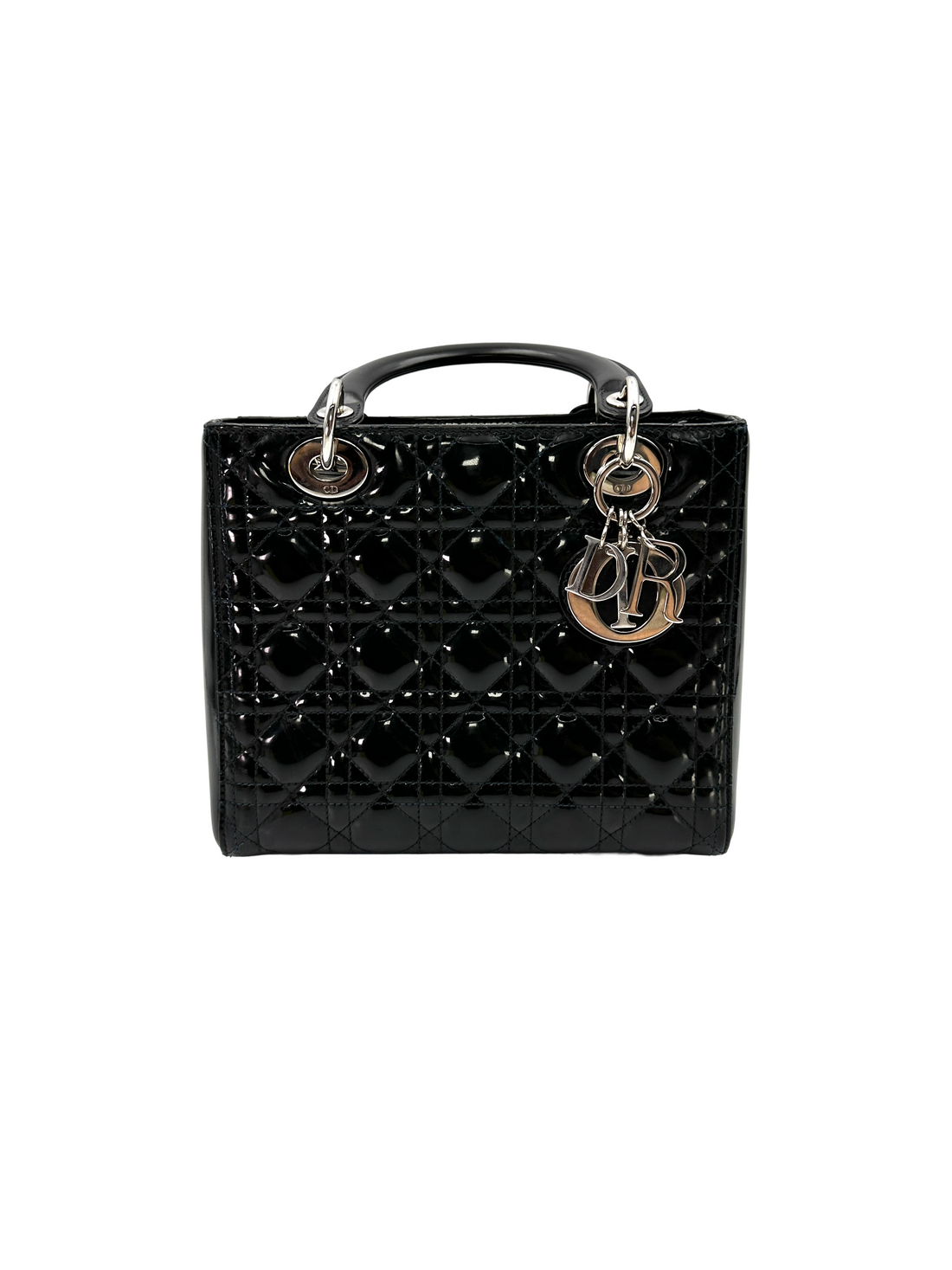 Christian Dior Lady Dior Black Cannage Patent Leather Handle Bag DR849