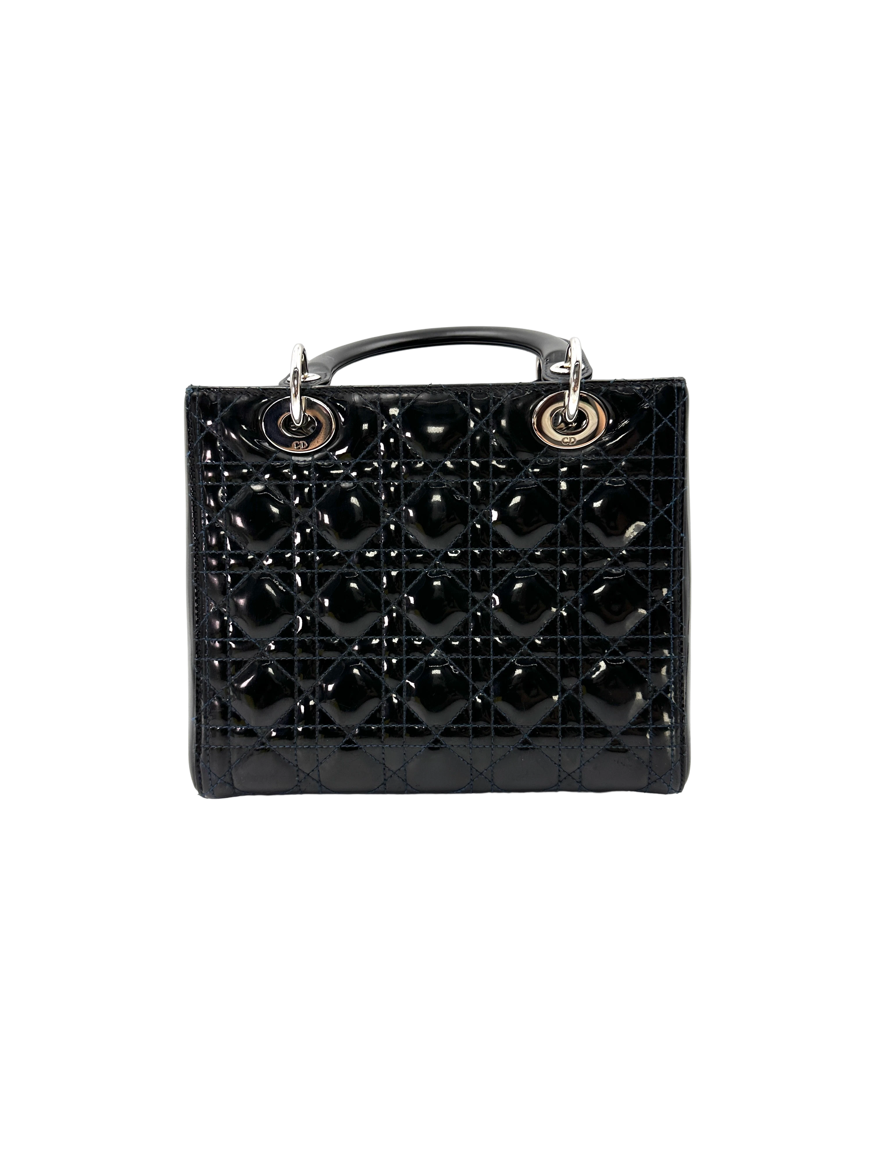 Christian Dior Lady Dior Black Cannage Patent Leather Handle Bag DR849