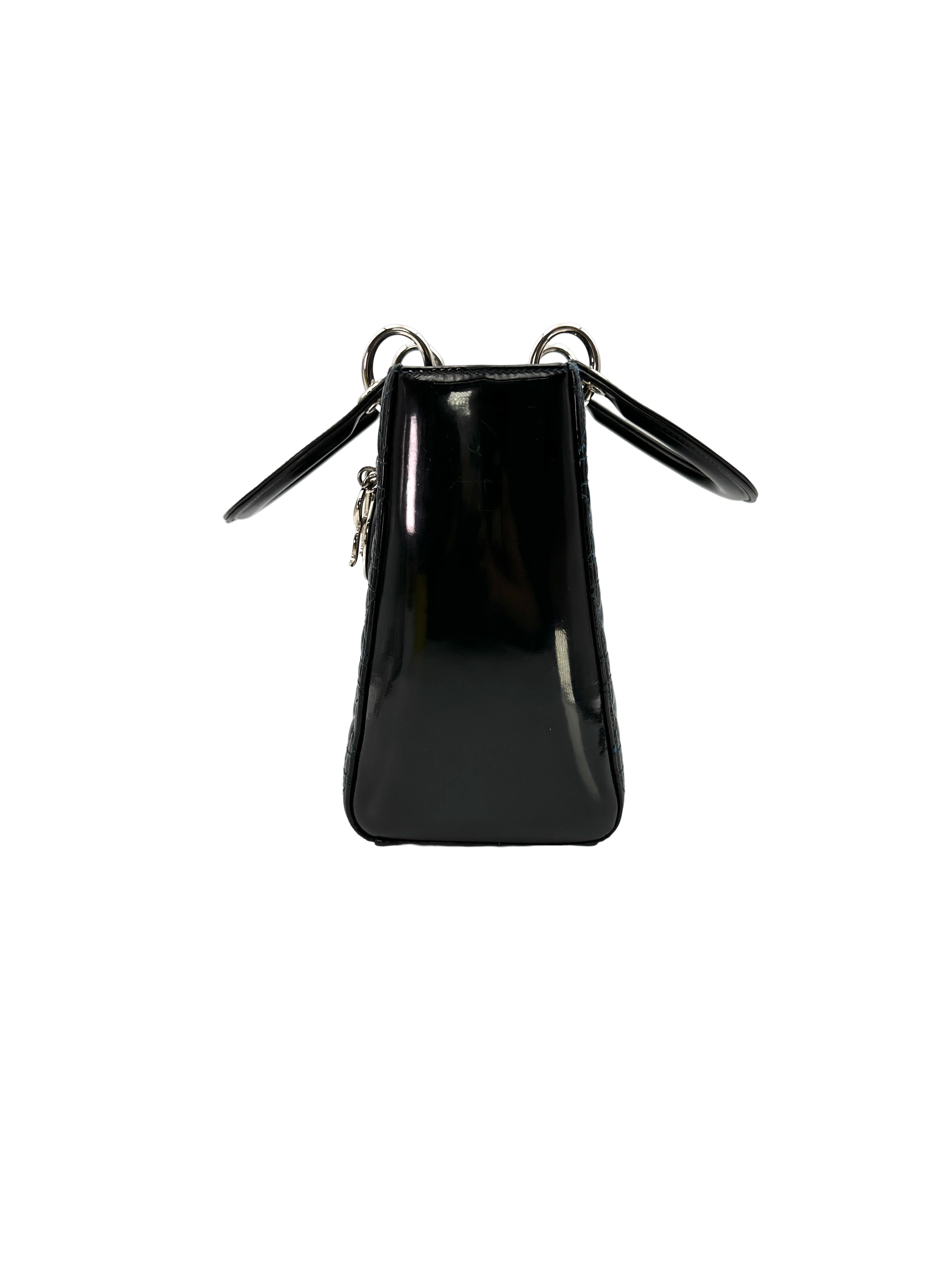 Christian Dior Lady Dior Black Cannage Patent Leather Handle Bag DR849