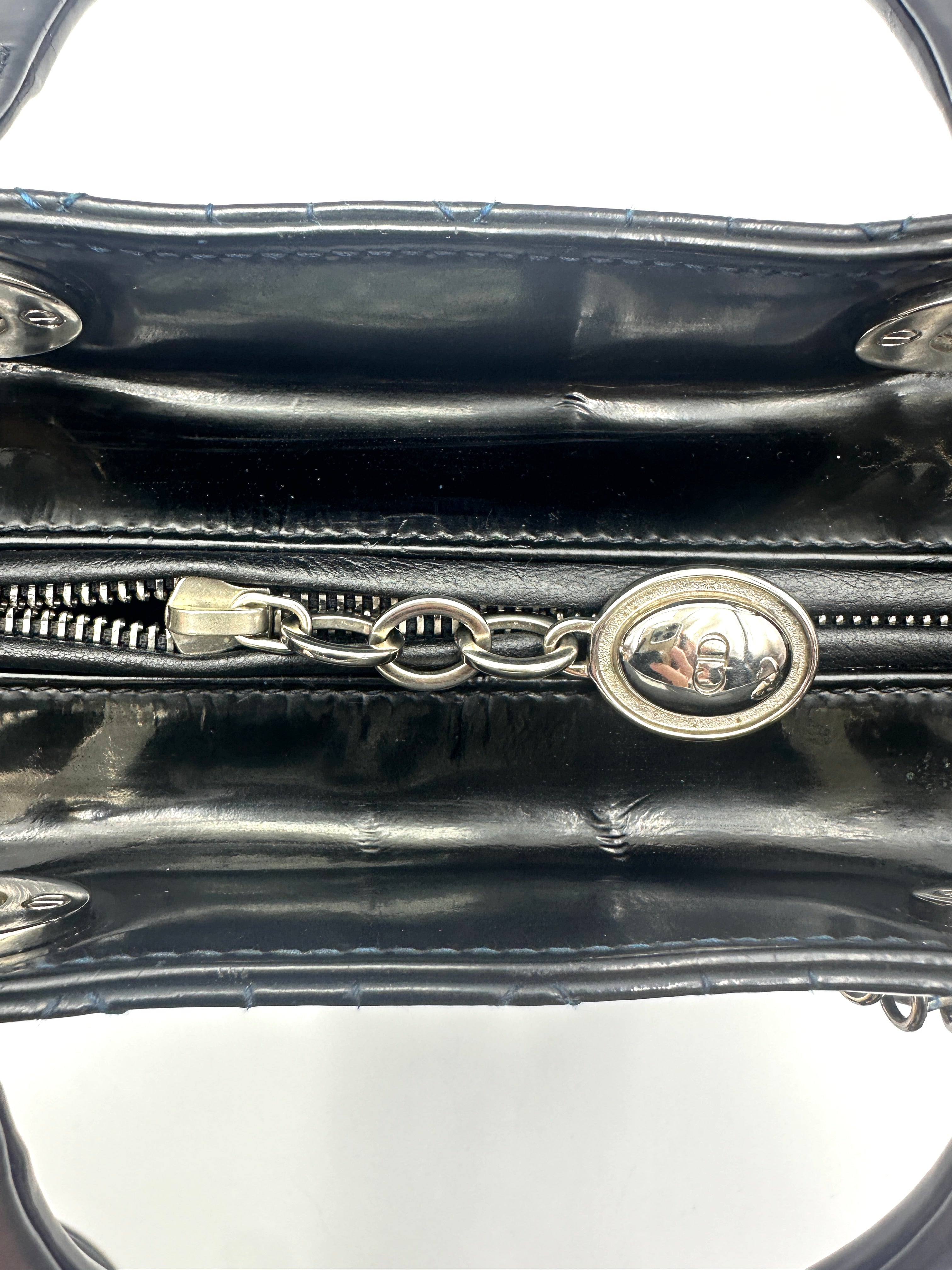 Christian Dior Lady Dior Black Cannage Patent Leather Handle Bag DR849