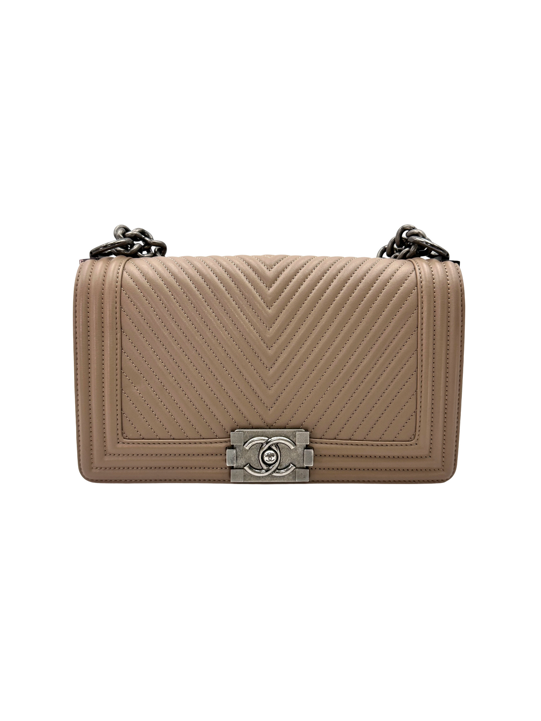 Chanel LeBoy Beige Chevron Quilted Leather Medium Size Flap Bag With Silver Buckle(19***12) CC2374