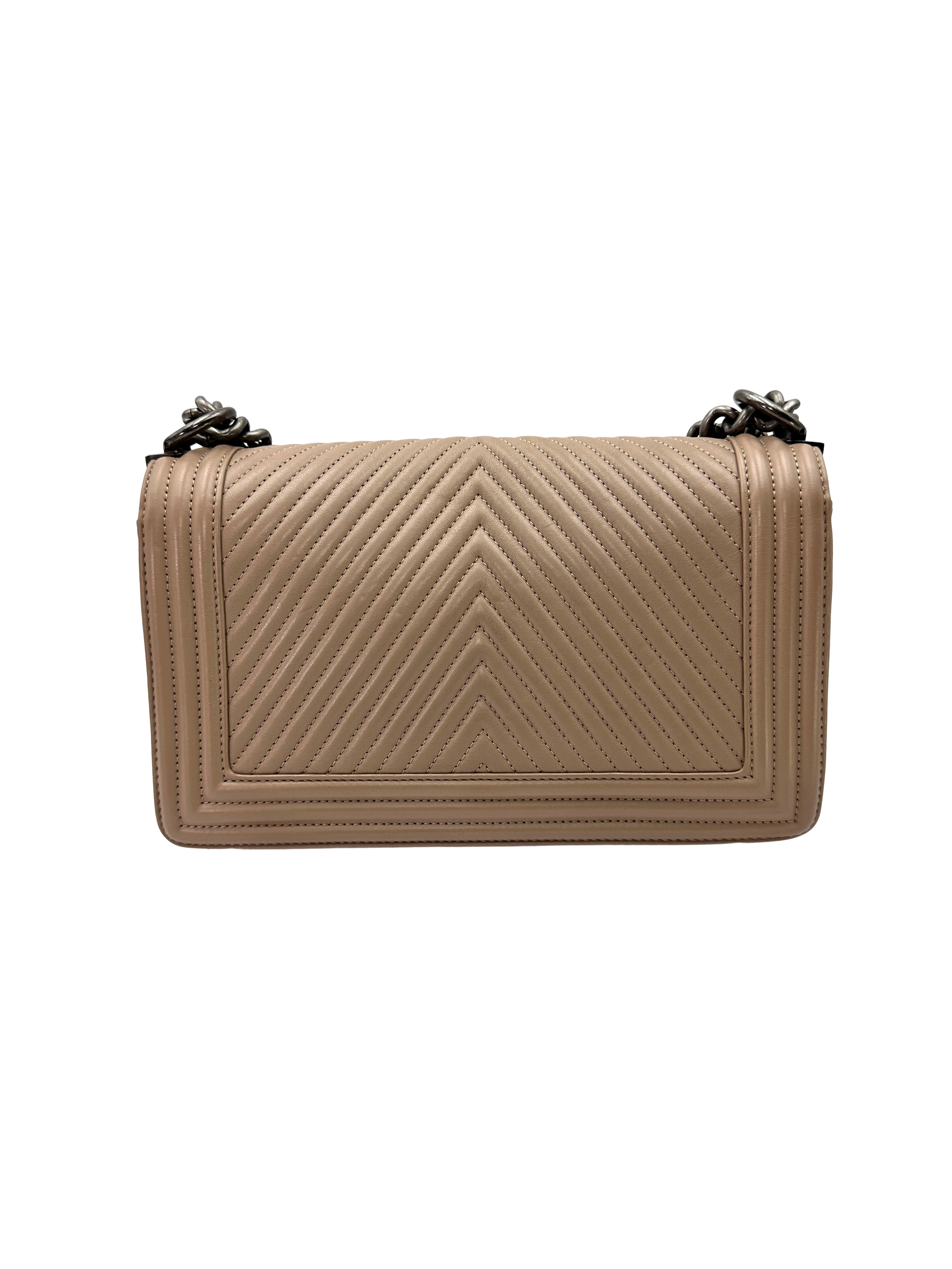 Chanel LeBoy Beige Chevron Quilted Leather Medium Size Flap Bag With Silver Buckle(19***12) CC2374