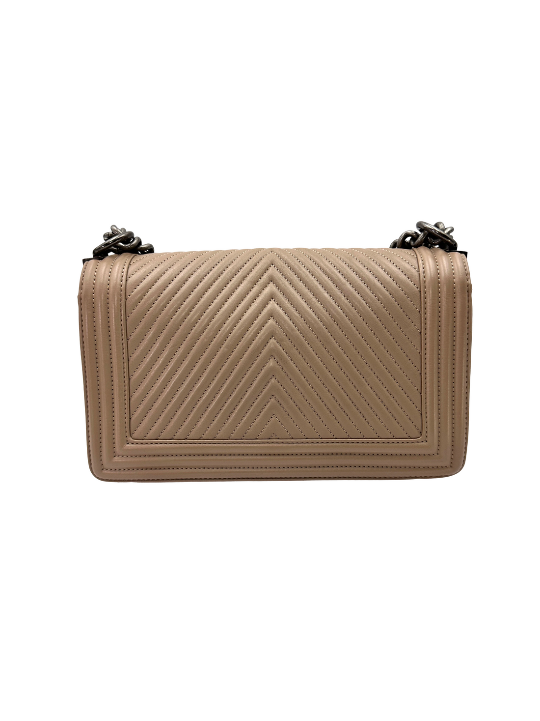 Chanel LeBoy Beige Chevron Quilted Leather Medium Size Flap Bag With Silver Buckle(19***12) CC2374