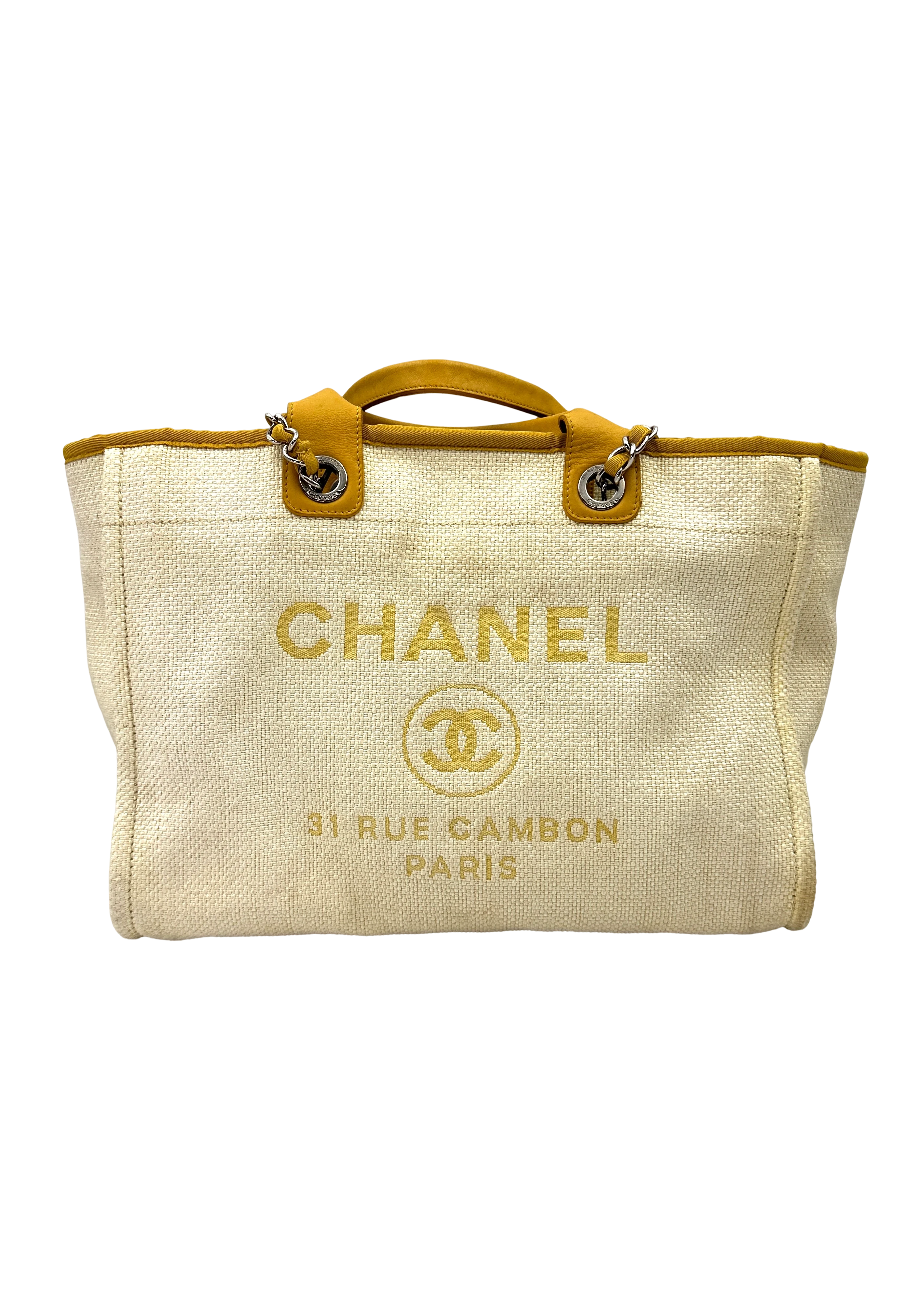 Chanel Deauville White/Yellow Canvas Large Size Tote Handle Bag(22***59) CC2385