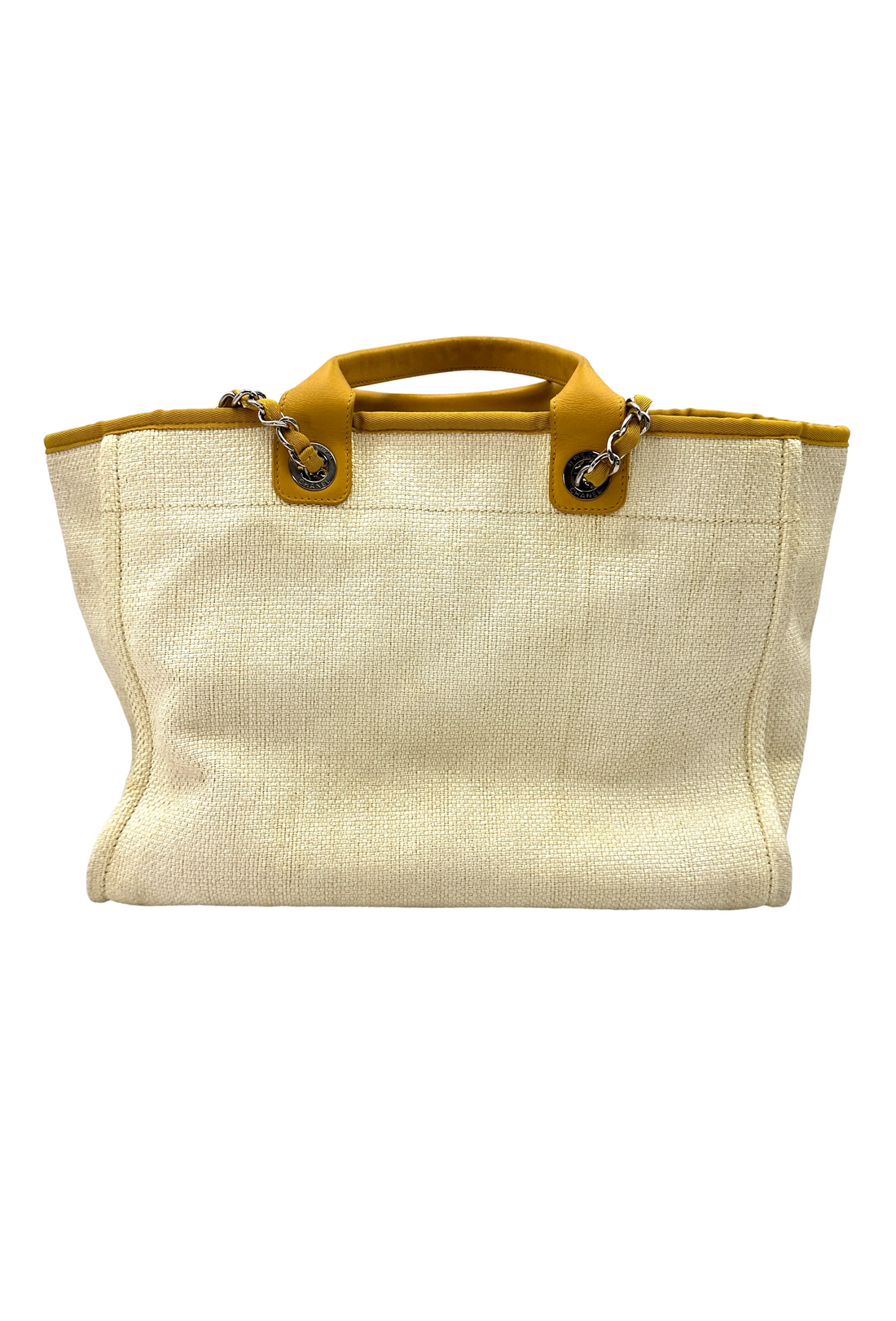 Chanel Deauville White/Yellow Canvas Large Size Tote Handle Bag(22***59) CC2385
