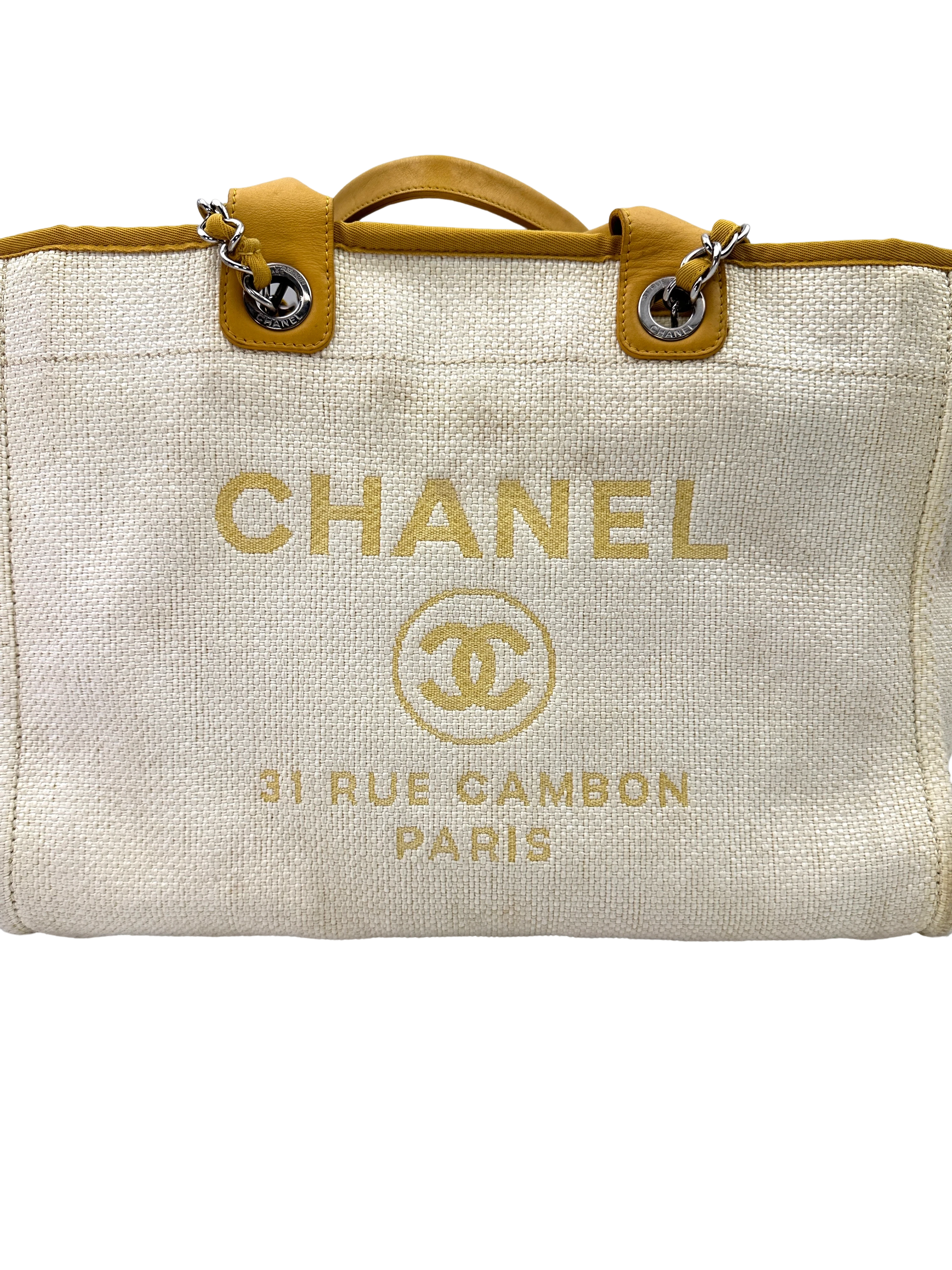 Chanel Deauville White/Yellow Canvas Large Size Tote Handle Bag(22***59) CC2385