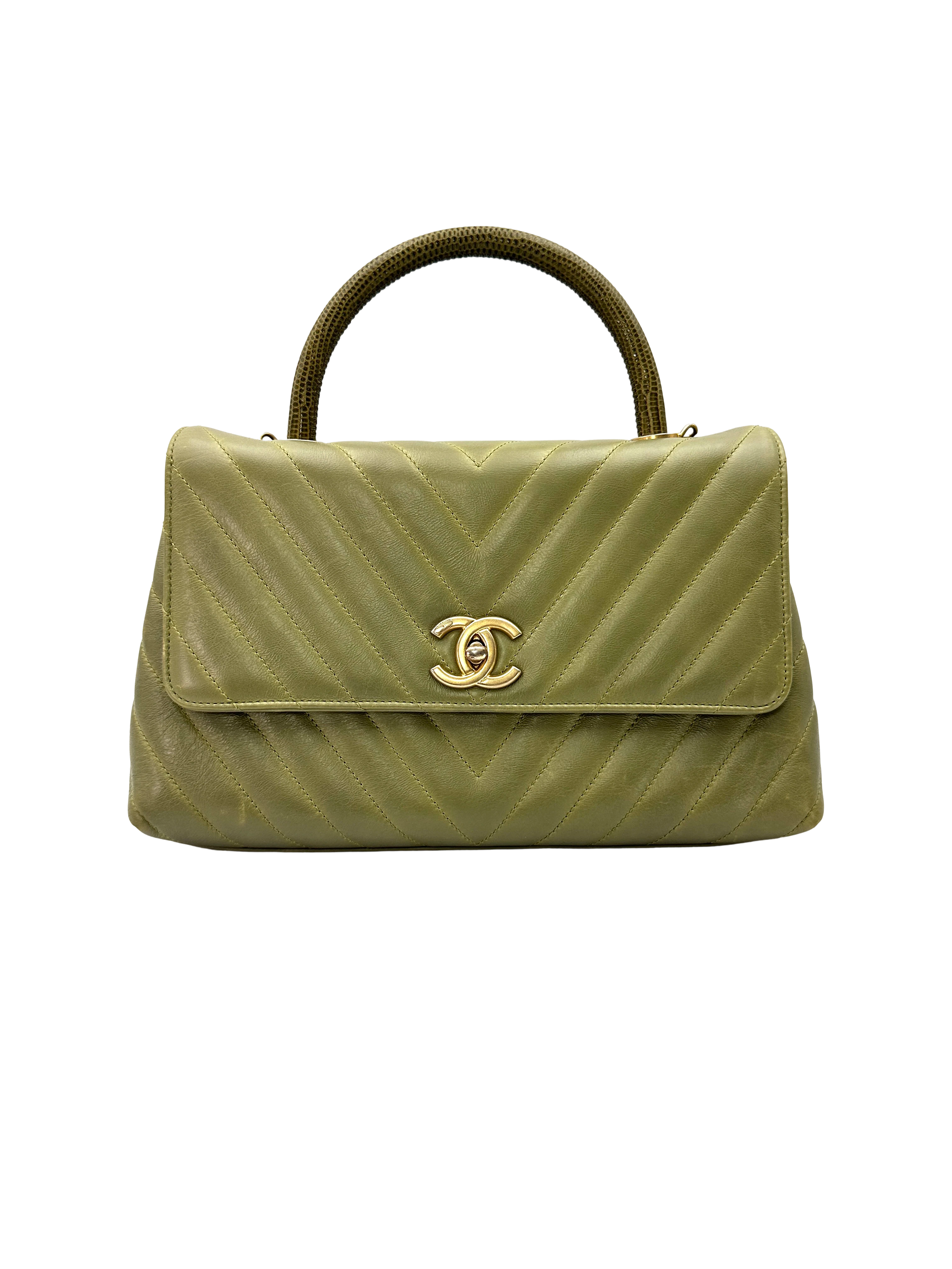 Chanel CoCo Handle Green Chevron Quilted Leather Lizard Handle Medium Size Shoulder Bag(25***43) CC2377