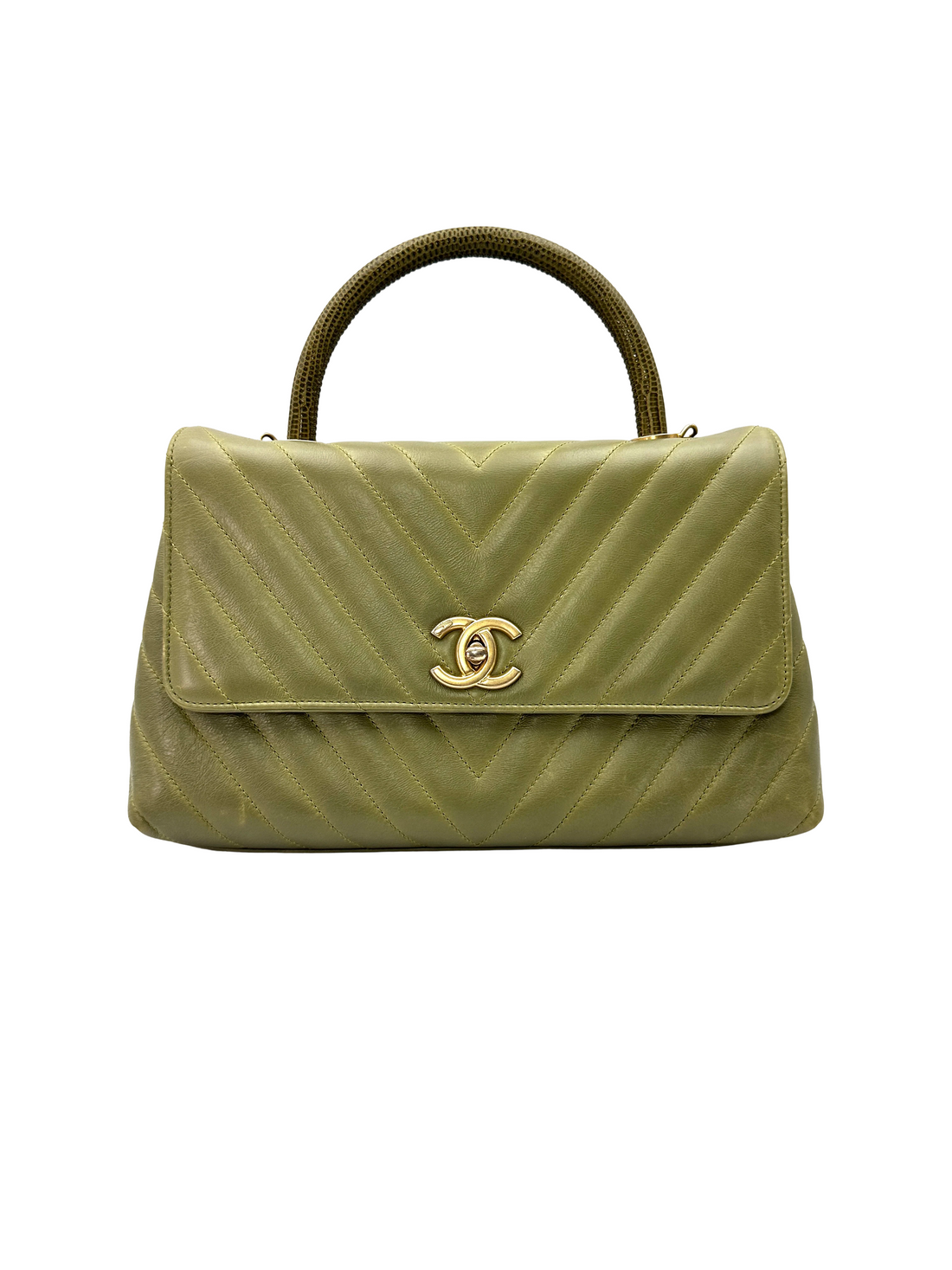 Chanel CoCo Handle Green Chevron Quilted Leather Lizard Handle Medium Size Shoulder Bag(25***43) CC2377