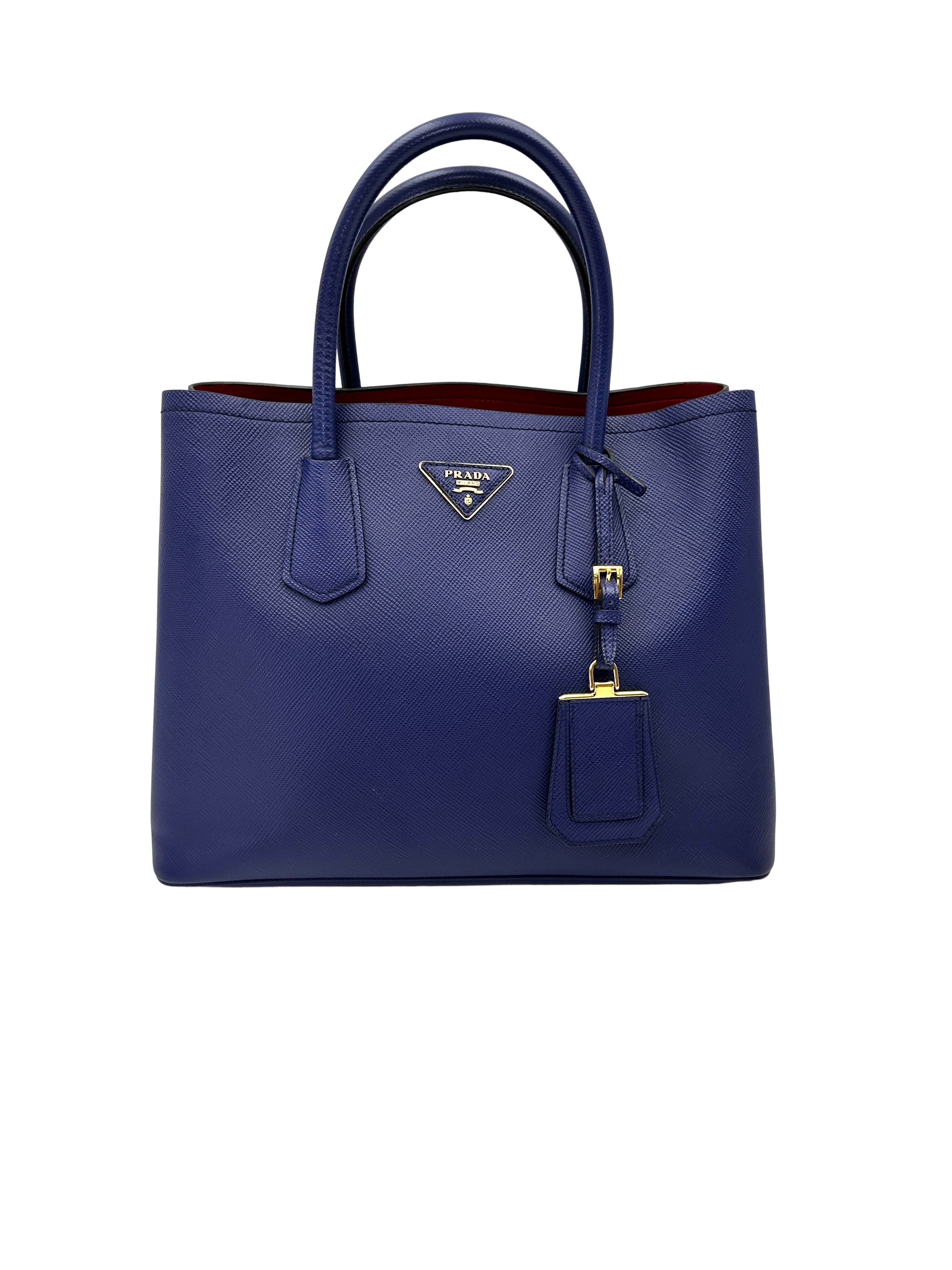 Prada Double Blue Saffiano Cuir Leather Handle Bag PR527