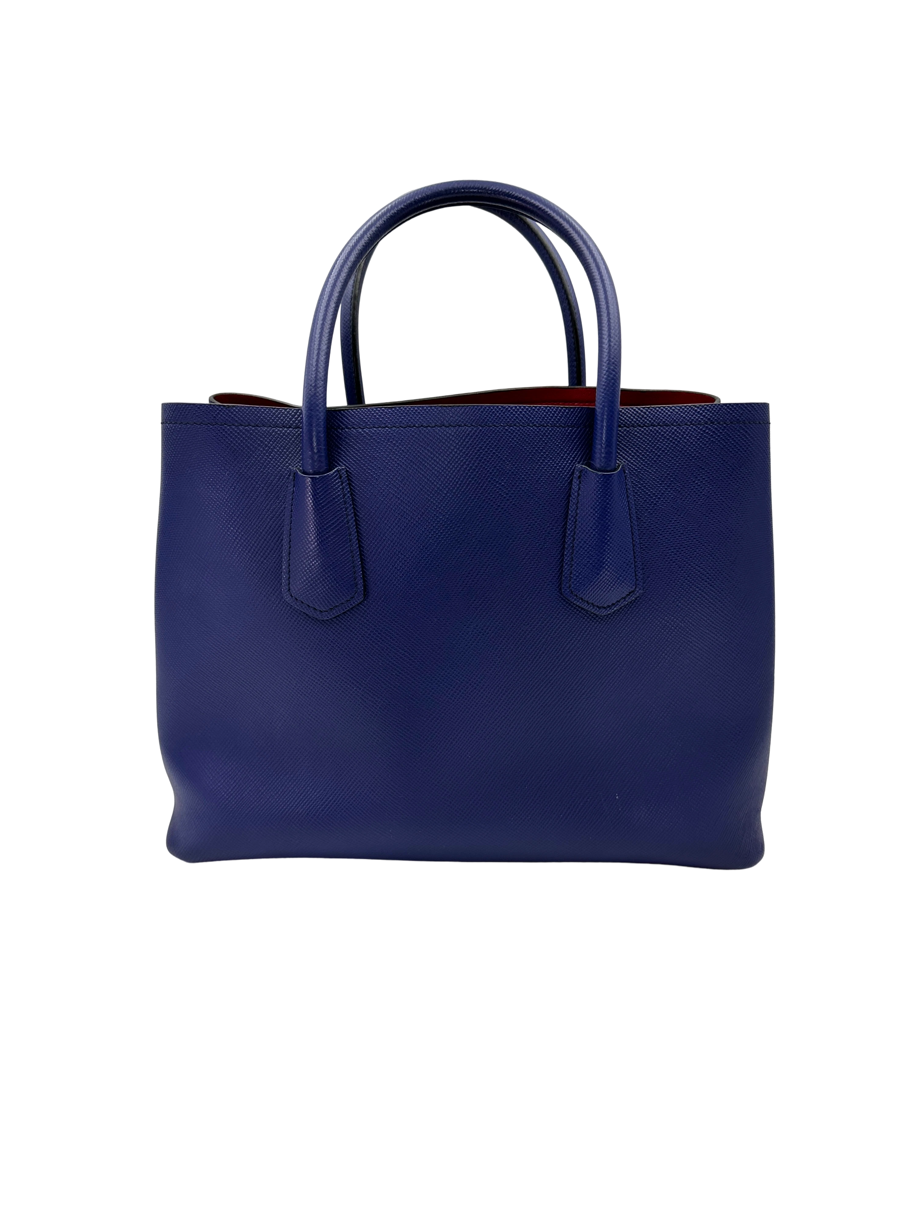Prada Double Blue Saffiano Cuir Leather Handle Bag PR527