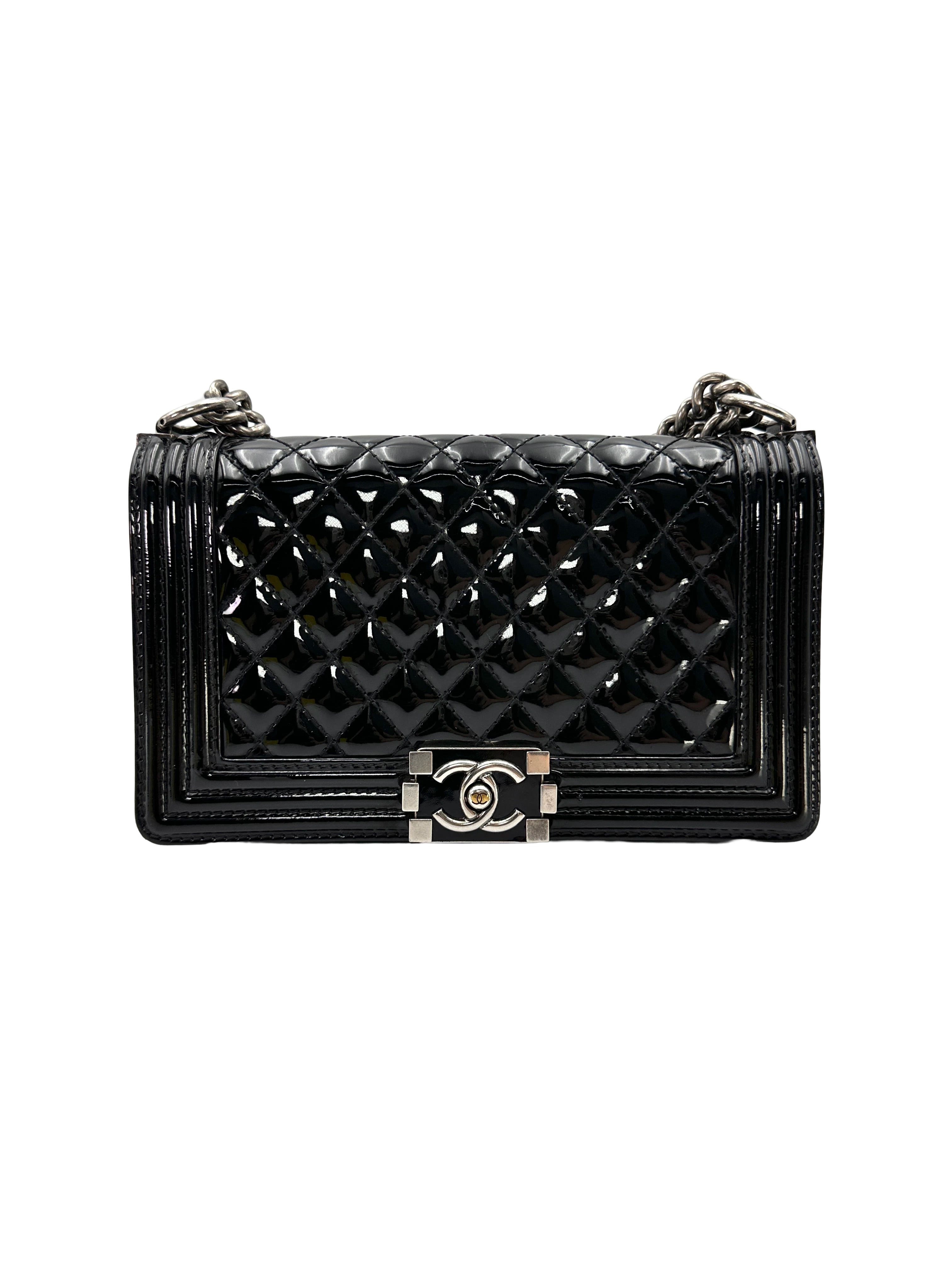 Chanel LeBoy Black Quilted Patent Leather Medium Size Flap Bag With Silver Buckle(17***41) CC2384
