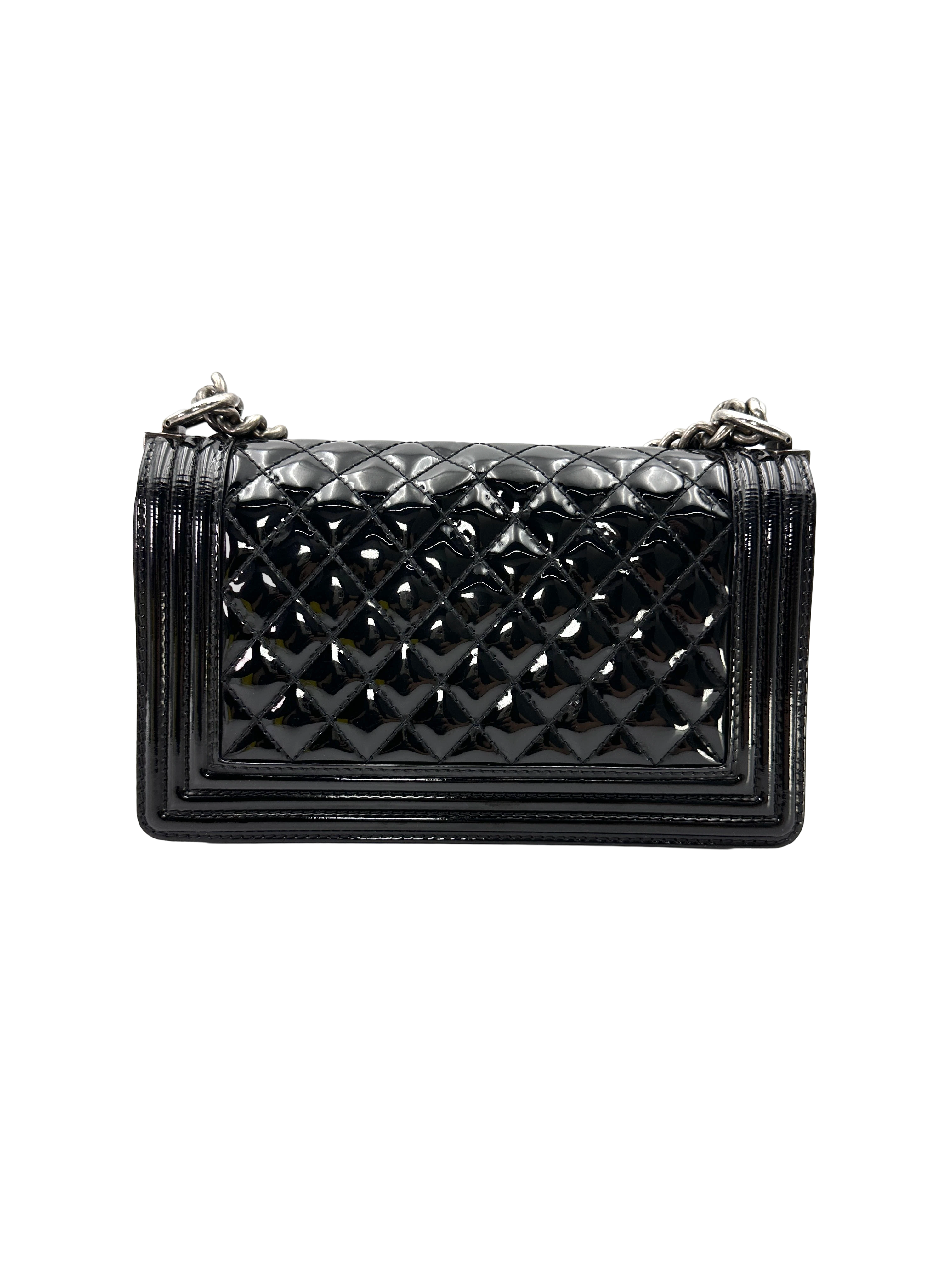 Chanel LeBoy Black Quilted Patent Leather Medium Size Flap Bag With Silver Buckle(17***41) CC2384