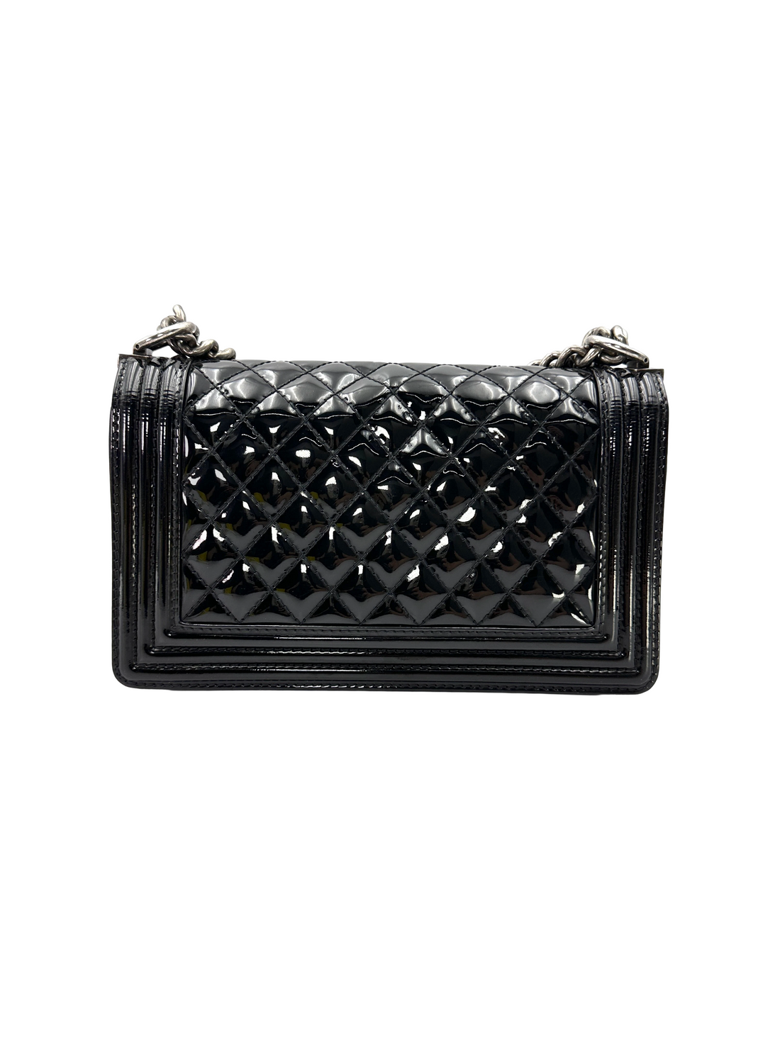 Chanel LeBoy Black Quilted Patent Leather Medium Size Flap Bag With Silver Buckle(17***41) CC2384