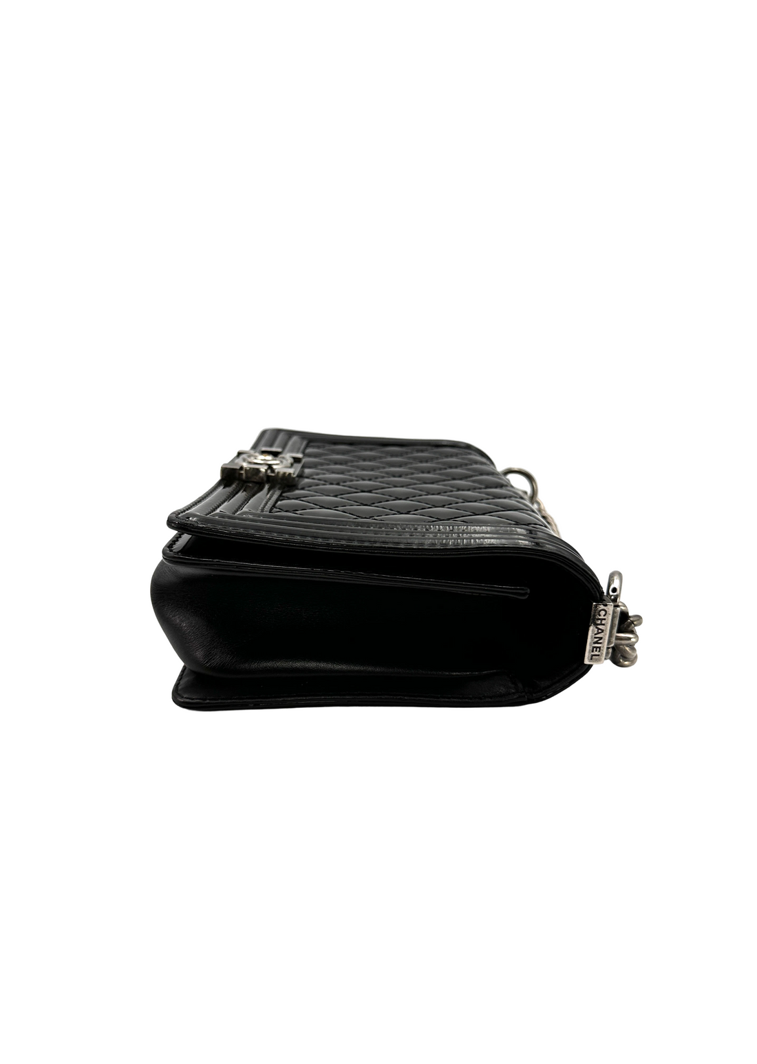 Chanel LeBoy Black Quilted Patent Leather Medium Size Flap Bag With Silver Buckle(17***41) CC2384