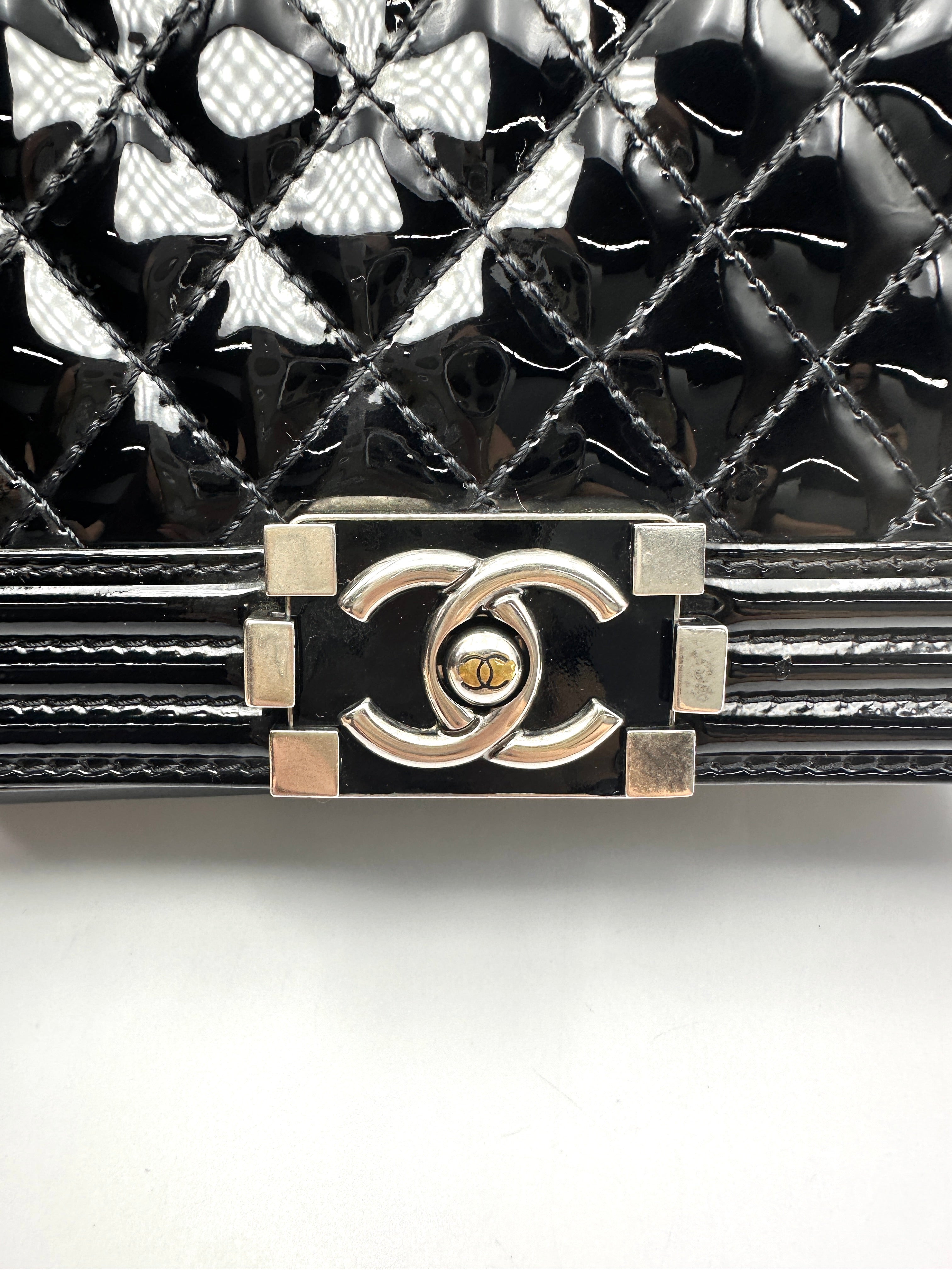 Chanel LeBoy Black Quilted Patent Leather Medium Size Flap Bag With Silver Buckle(17***41) CC2384