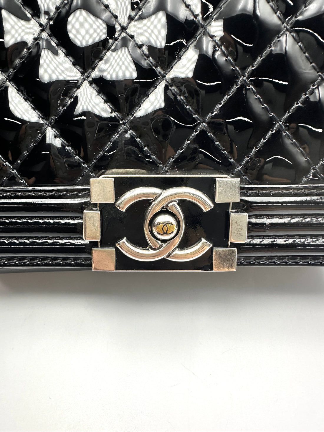 Chanel LeBoy Black Quilted Patent Leather Medium Size Flap Bag With Silver Buckle(17***41) CC2384