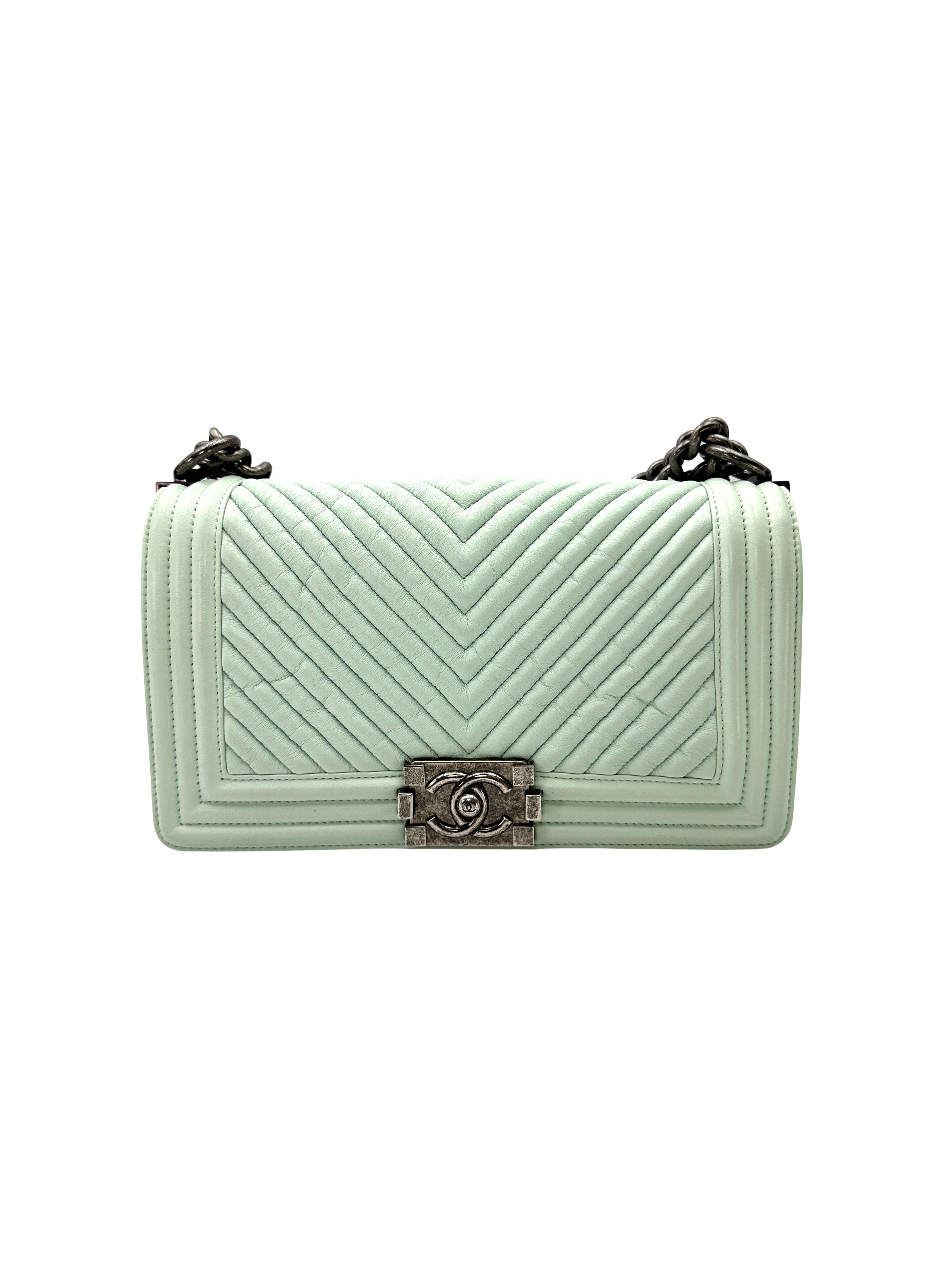 Chanel LeBoy Mint Green Quilted Leather Medium Size Flap Bag With Silver Buckle(20***68) CC2383
