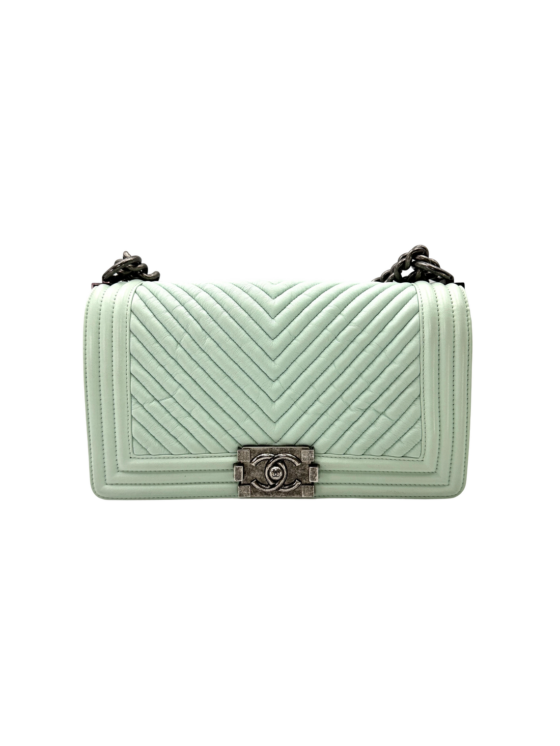 Chanel LeBoy Mint Green Quilted Leather Medium Size Flap Bag With Silver Buckle(20***68) CC2383