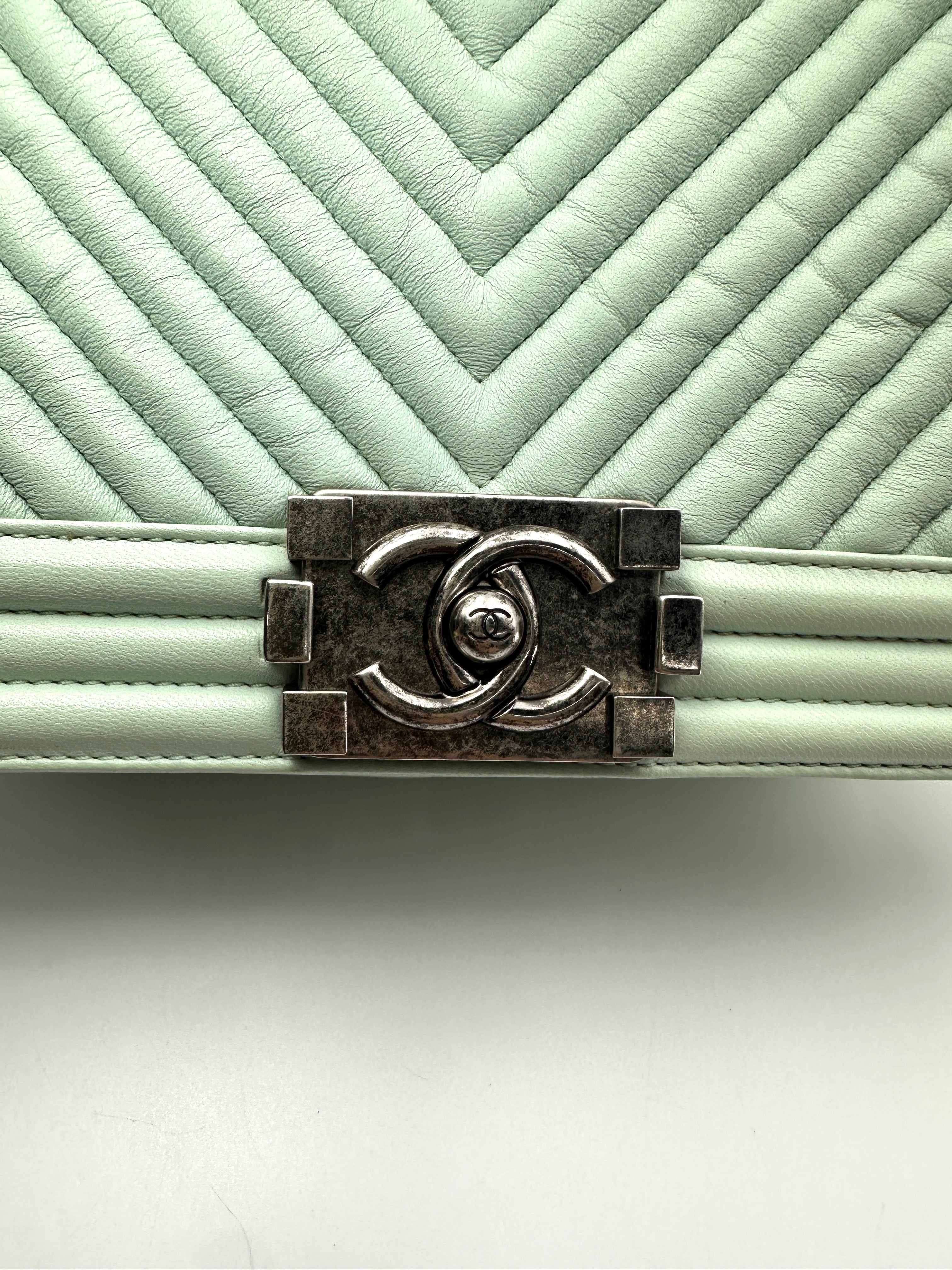 Chanel LeBoy Mint Green Quilted Leather Medium Size Flap Bag With Silver Buckle(20***68) CC2383