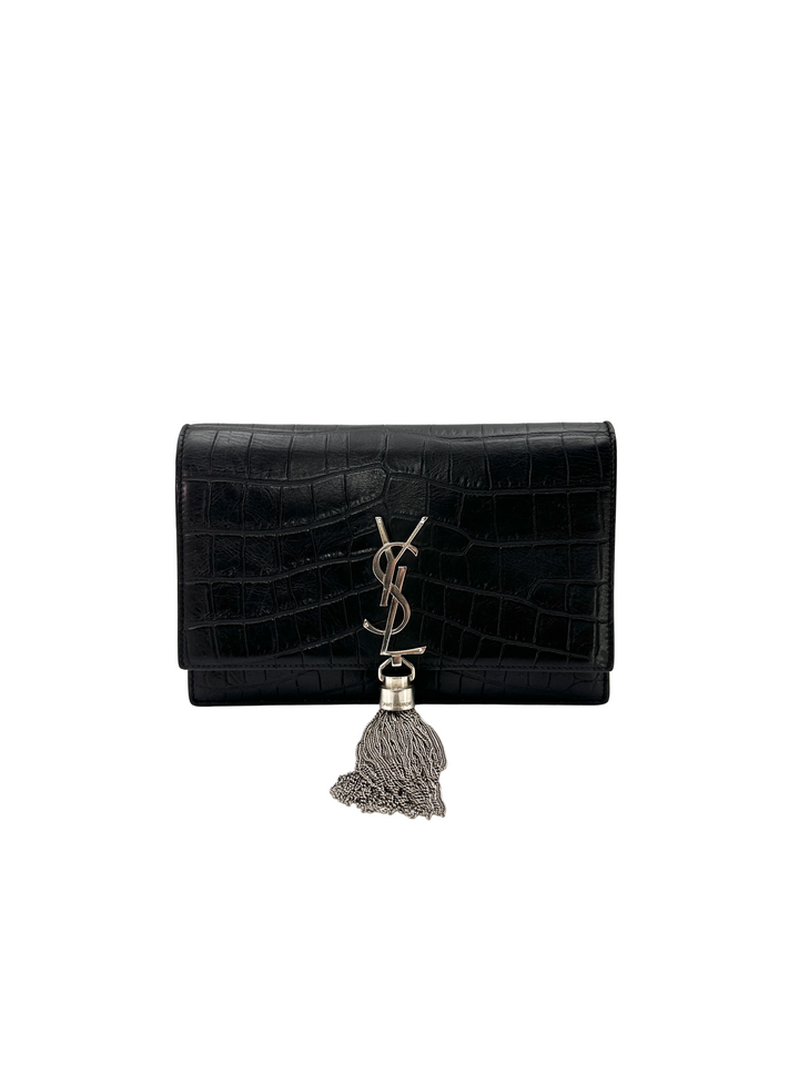 Saint Laurent Kate Croc-Embossed Leather Tassel Shoulder Bag SL276