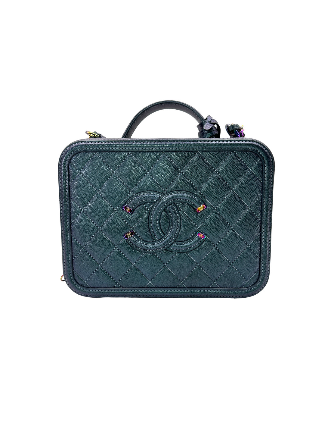 Chanel CC Filigree Black Quilted Leather Top Handle Vanity Case With Iridescent Hardware(26***33) CC2389