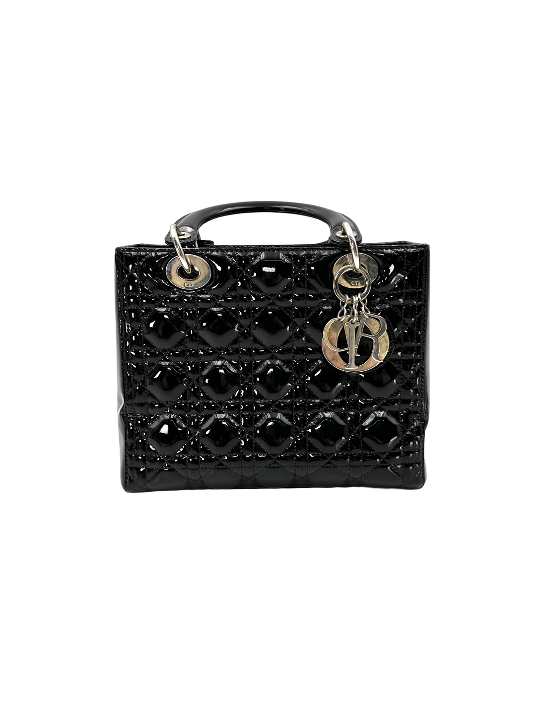 Christian Dior Lady Dior Black Cannage Patent Leather Handle Bag DR862