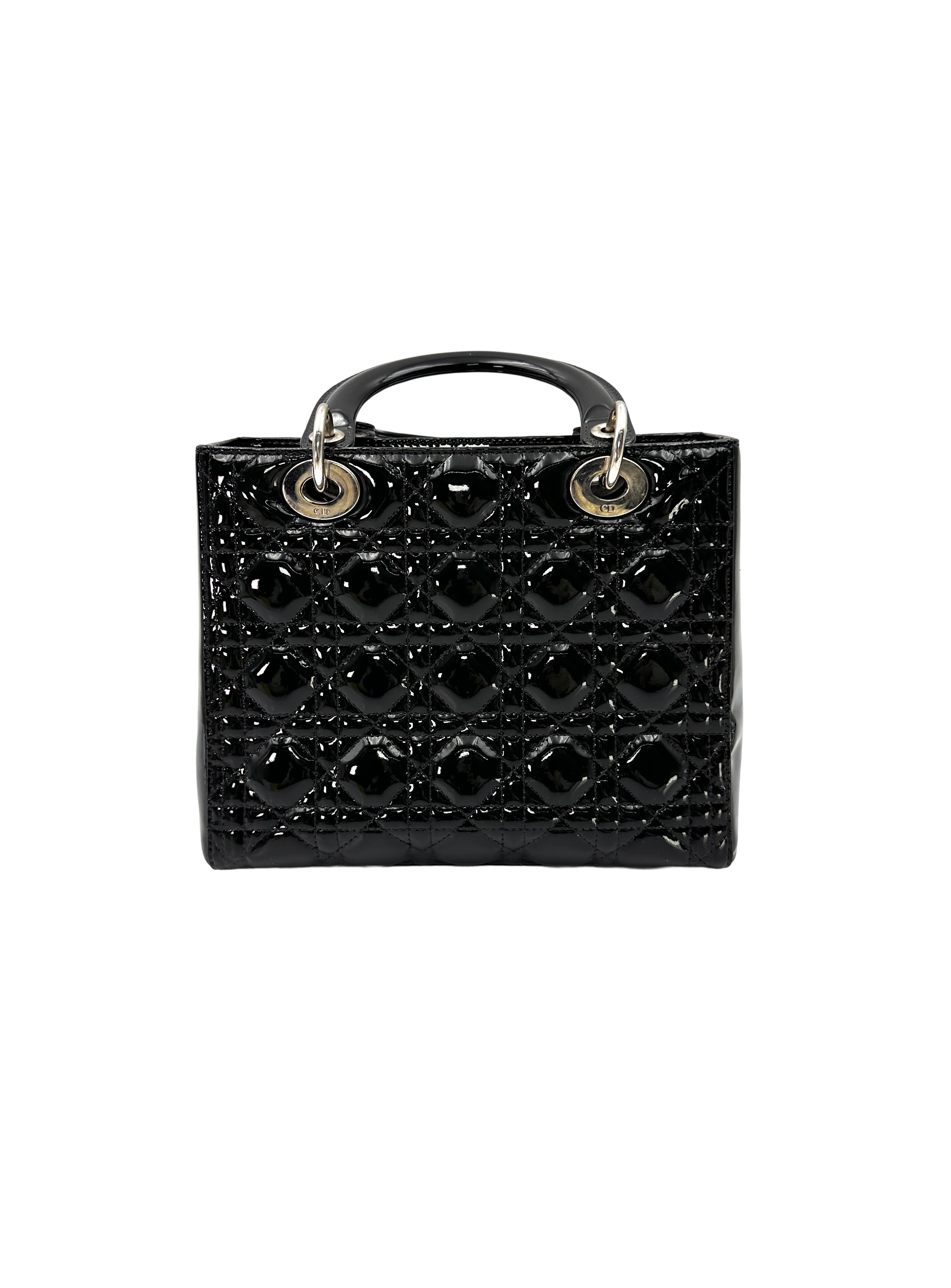 Christian Dior Lady Dior Black Cannage Patent Leather Handle Bag DR862