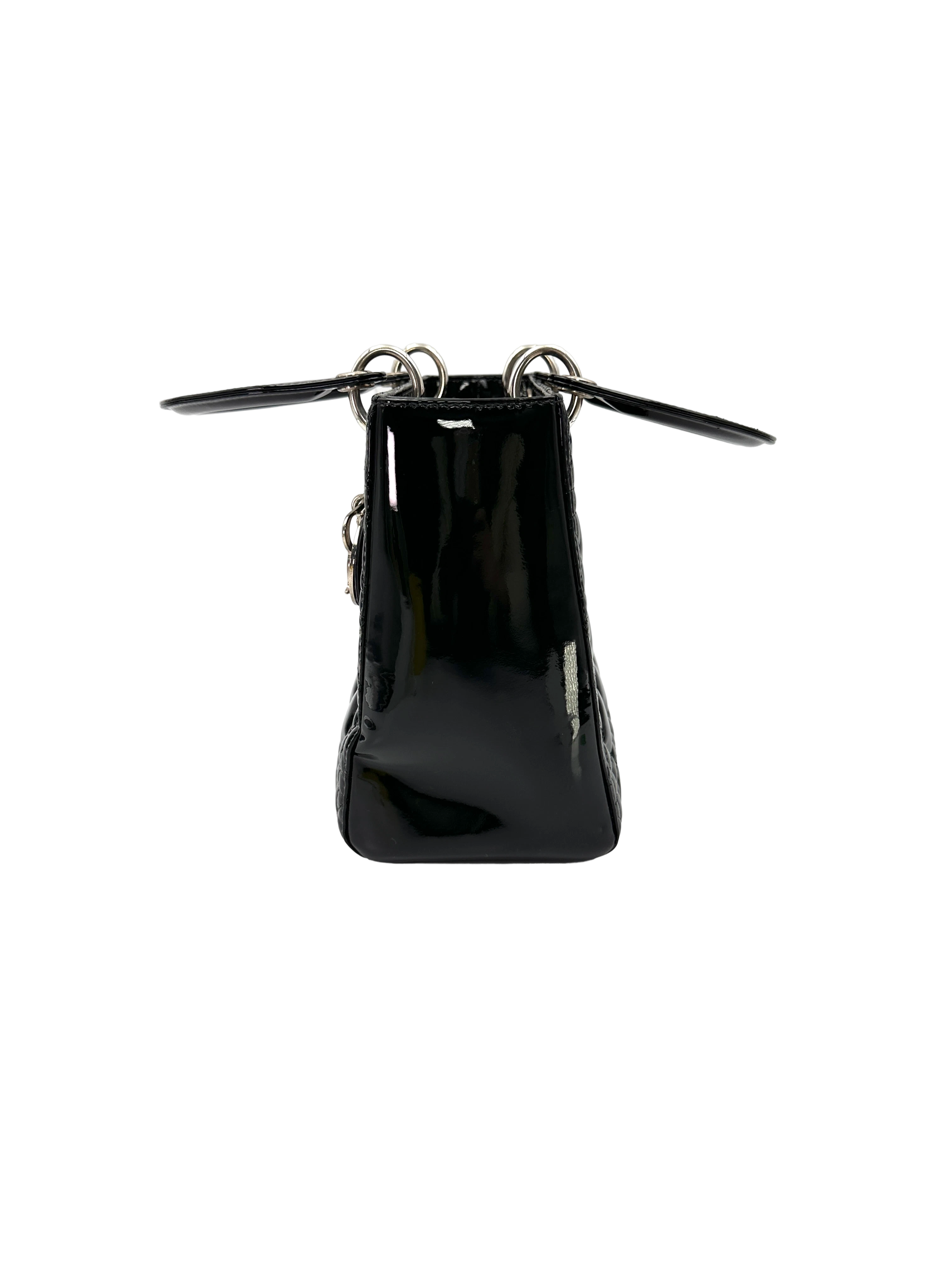 Christian Dior Lady Dior Black Cannage Patent Leather Handle Bag DR862