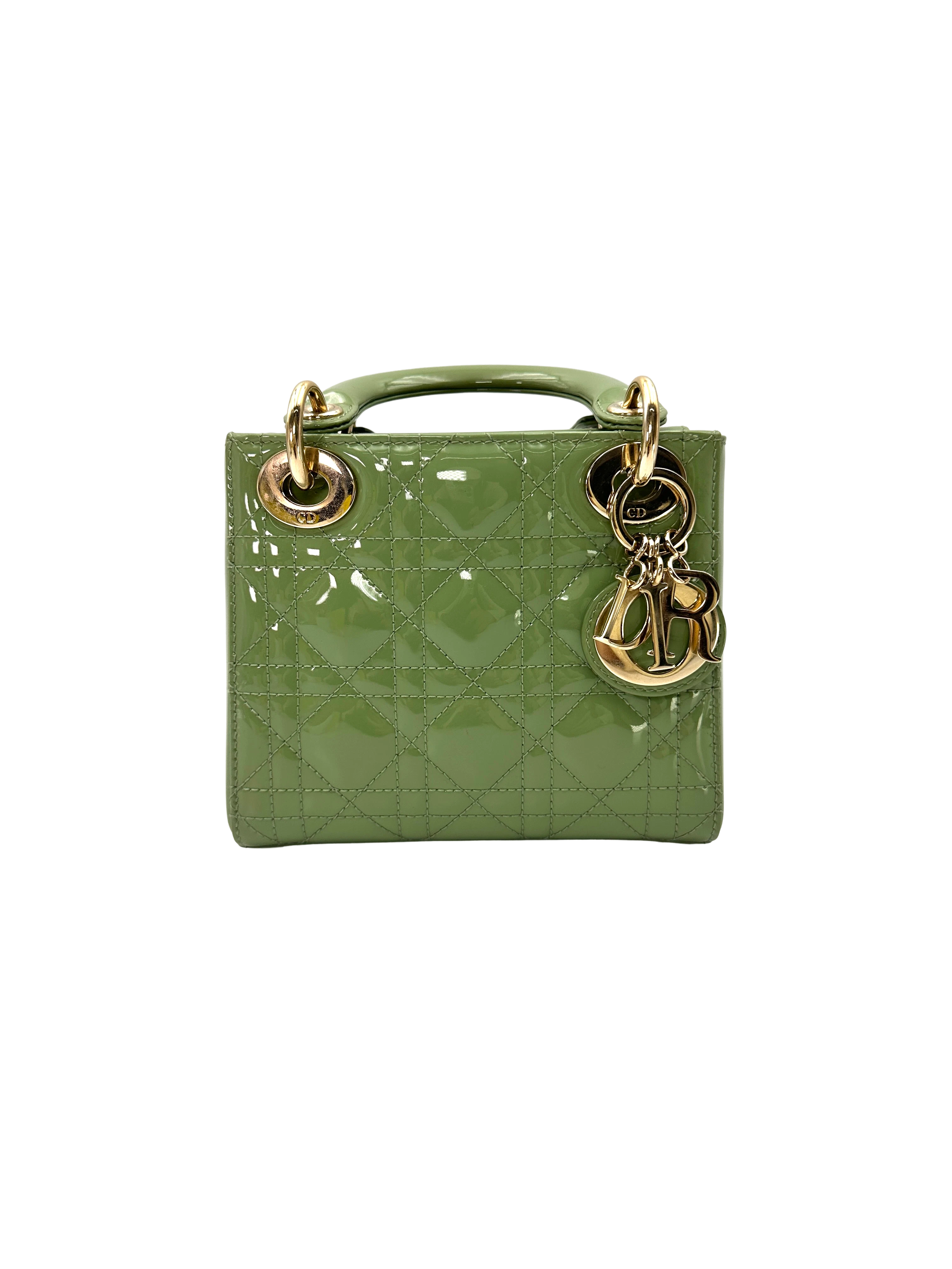 Christian Dior Lady Dior Green Cannage Patent Leather Handle Bag DR860