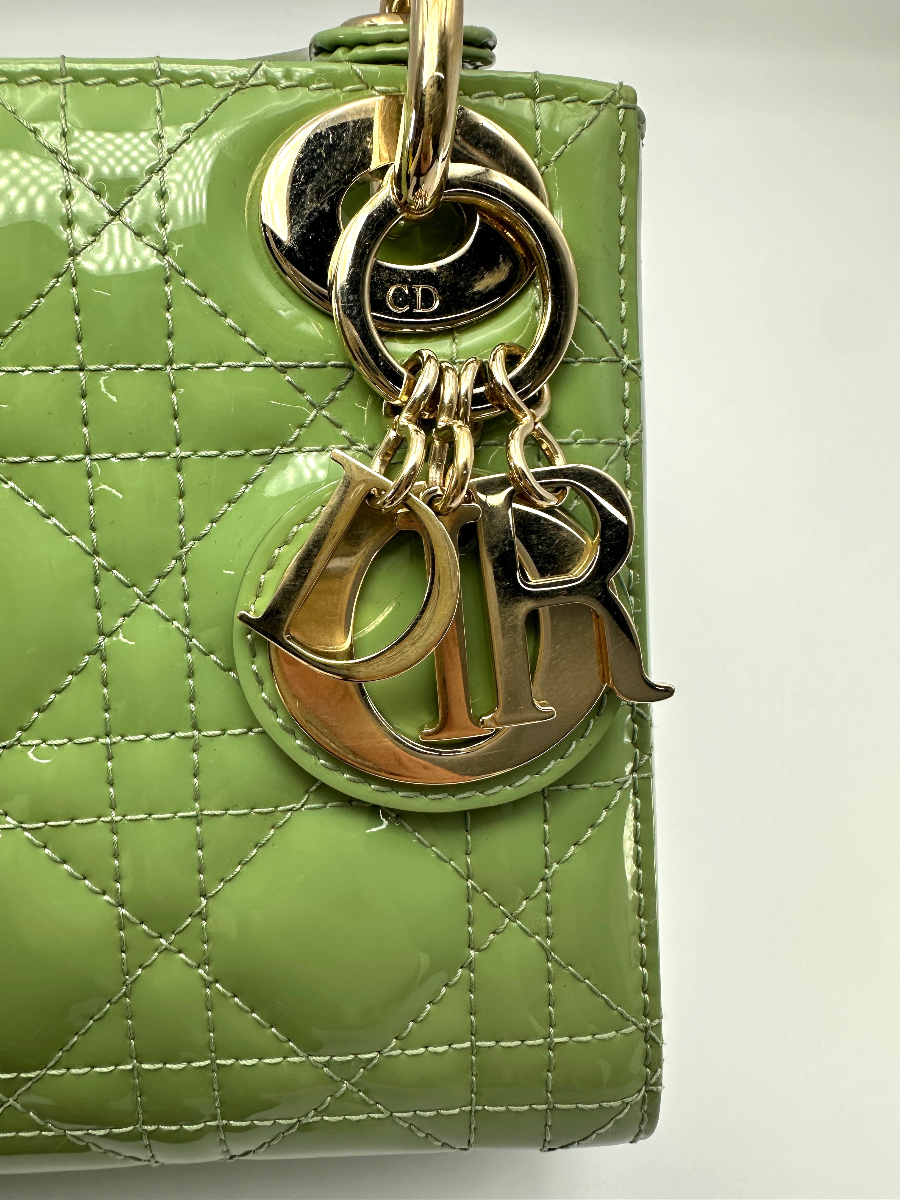 Christian Dior Lady Dior Green Cannage Patent Leather Handle Bag DR860