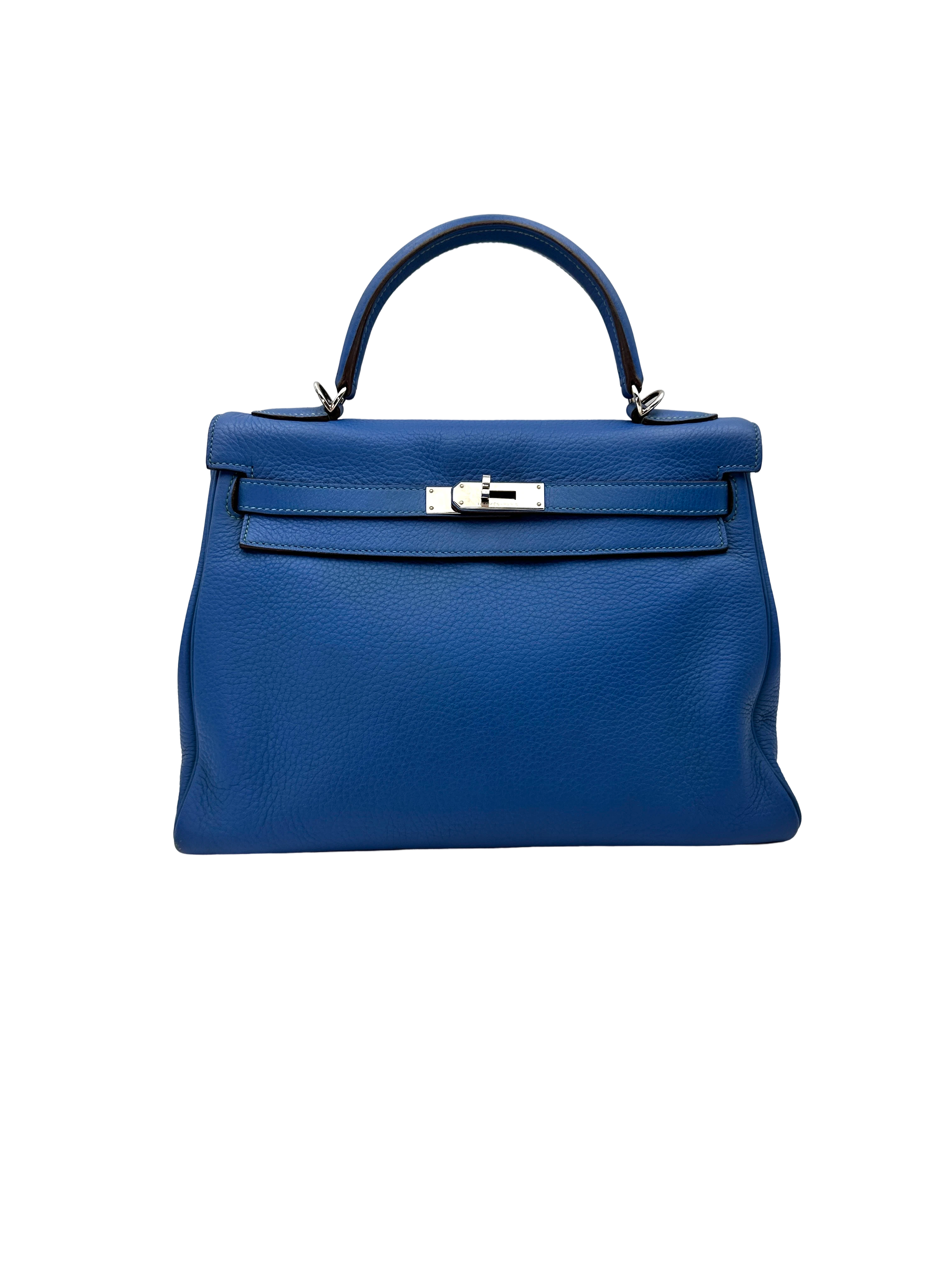 Hermes Kelly32 Blue Leather Top Handle Bag With Silver Hardware HR139