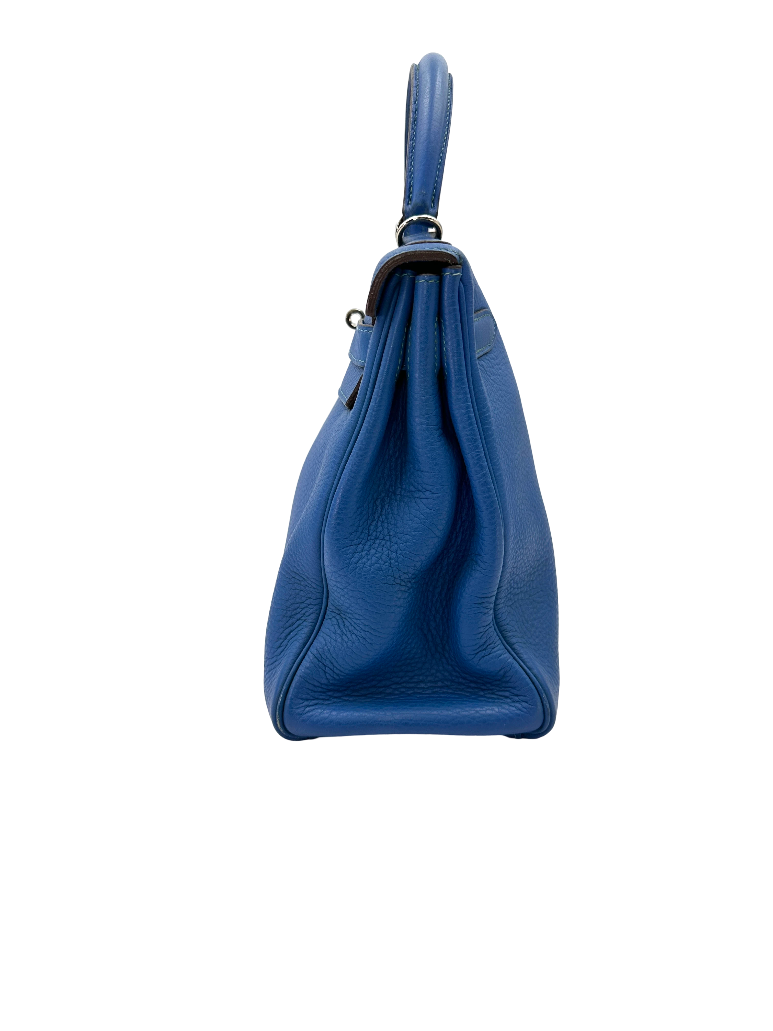 Hermes Kelly32 Blue Leather Top Handle Bag With Silver Hardware HR139