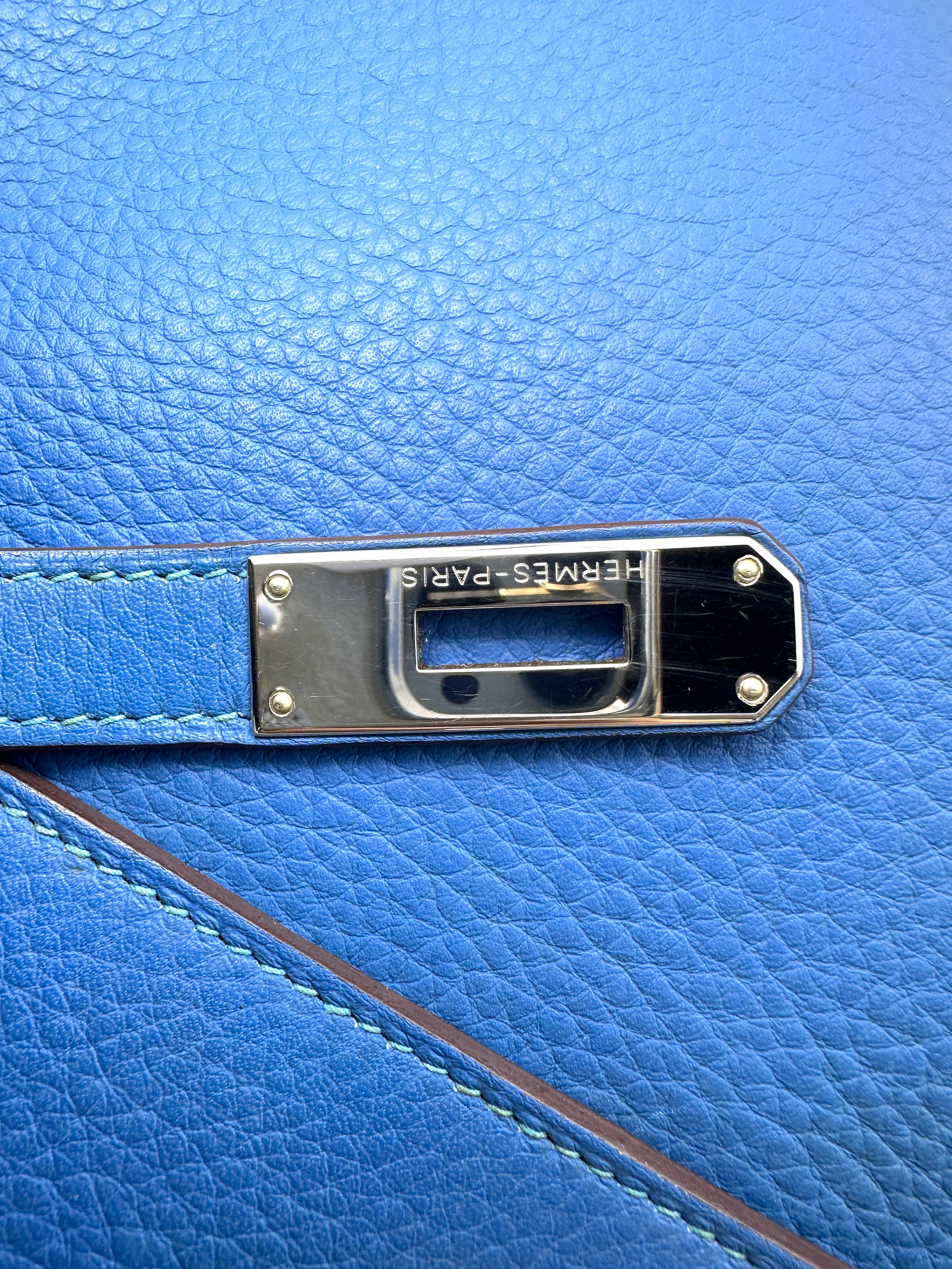 Hermes Kelly32 Blue Leather Top Handle Bag With Silver Hardware HR139