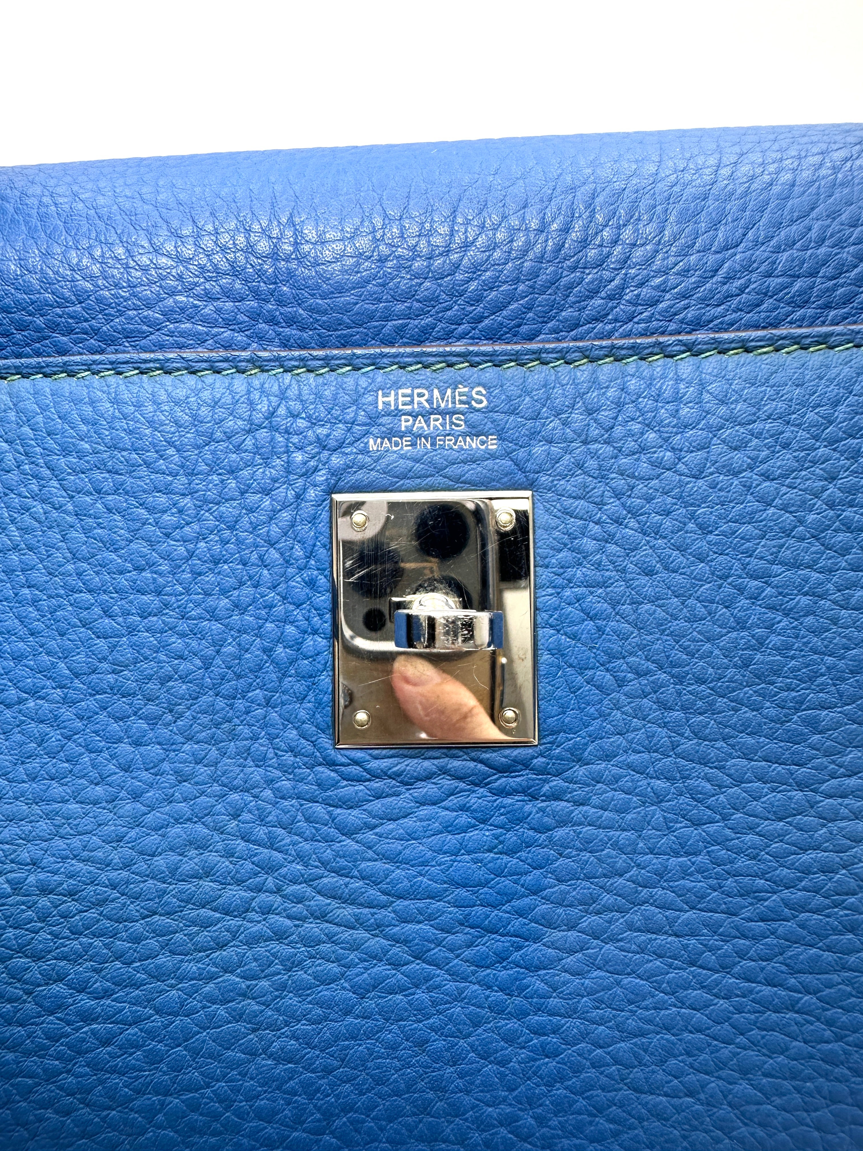 Hermes Kelly32 Blue Leather Top Handle Bag With Silver Hardware HR139