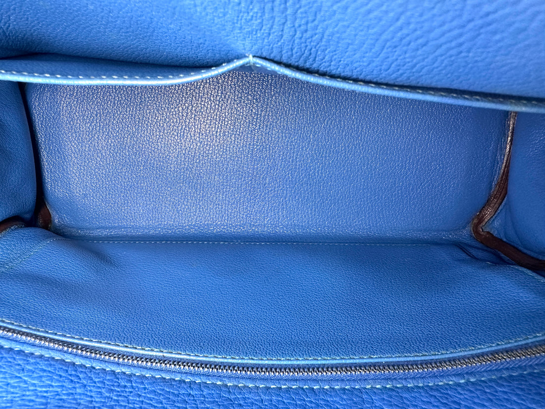 Hermes Kelly32 Blue Leather Top Handle Bag With Silver Hardware HR139