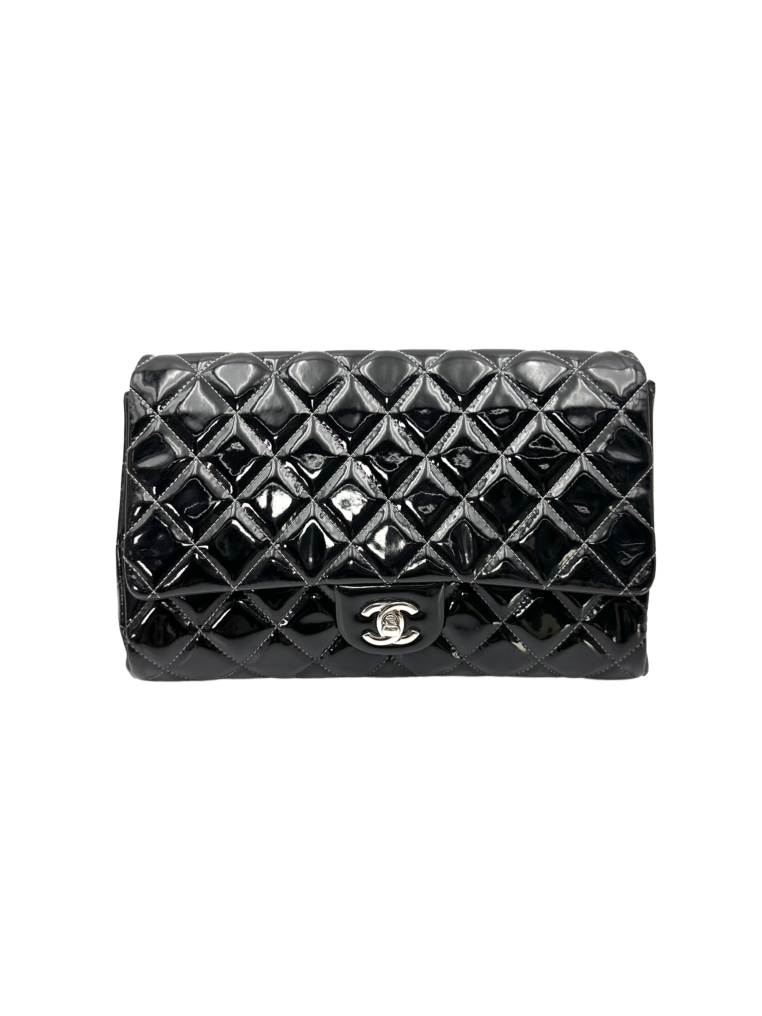 Chanel Classic Flap Black Quilted Patent Leather Jumbo Shoulder Bag With Silver Buckle(17***93) CC2401