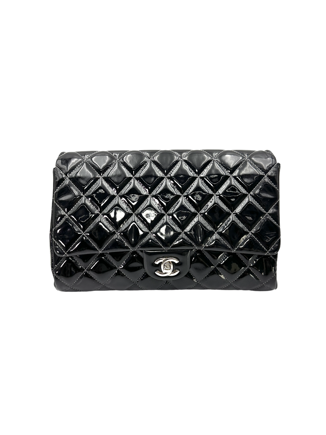 Chanel Classic Flap Black Quilted Patent Leather Jumbo Shoulder Bag With Silver Buckle(17***93) CC2401