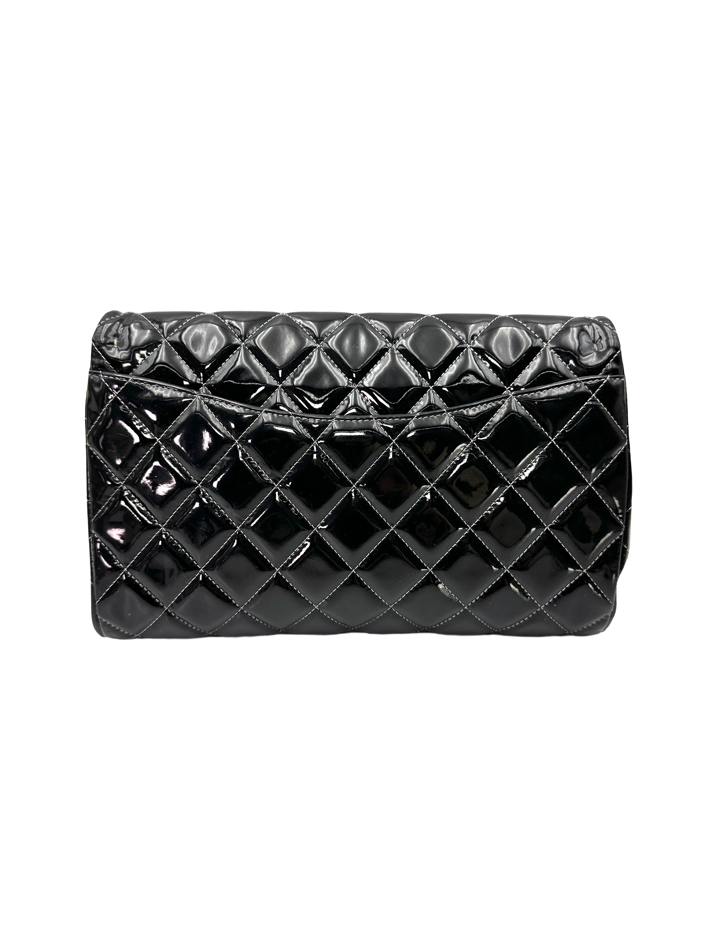 Chanel Classic Flap Black Quilted Patent Leather Jumbo Shoulder Bag With Silver Buckle(17***93) CC2401