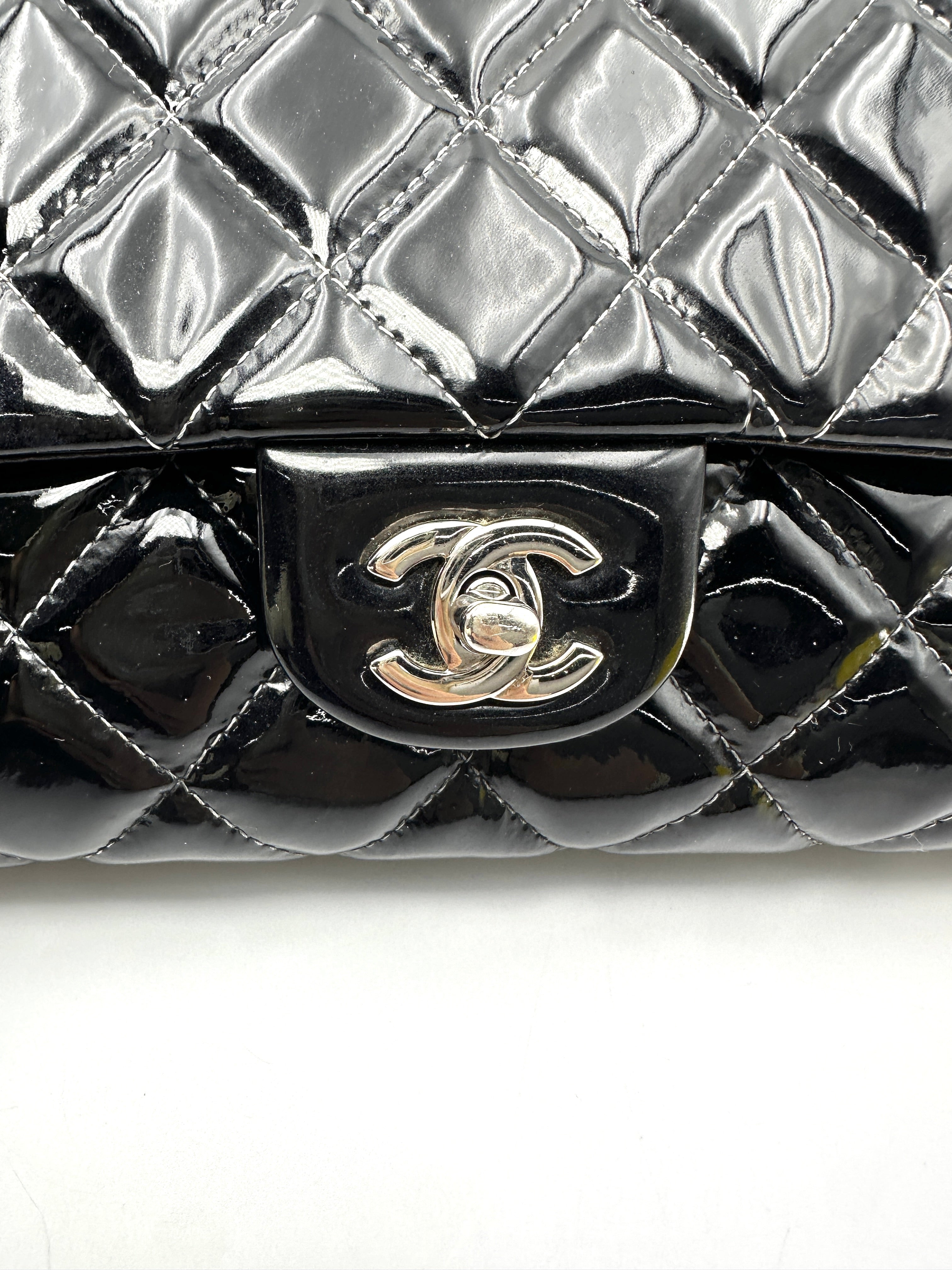Chanel Classic Flap Black Quilted Patent Leather Jumbo Shoulder Bag With Silver Buckle(17***93) CC2401