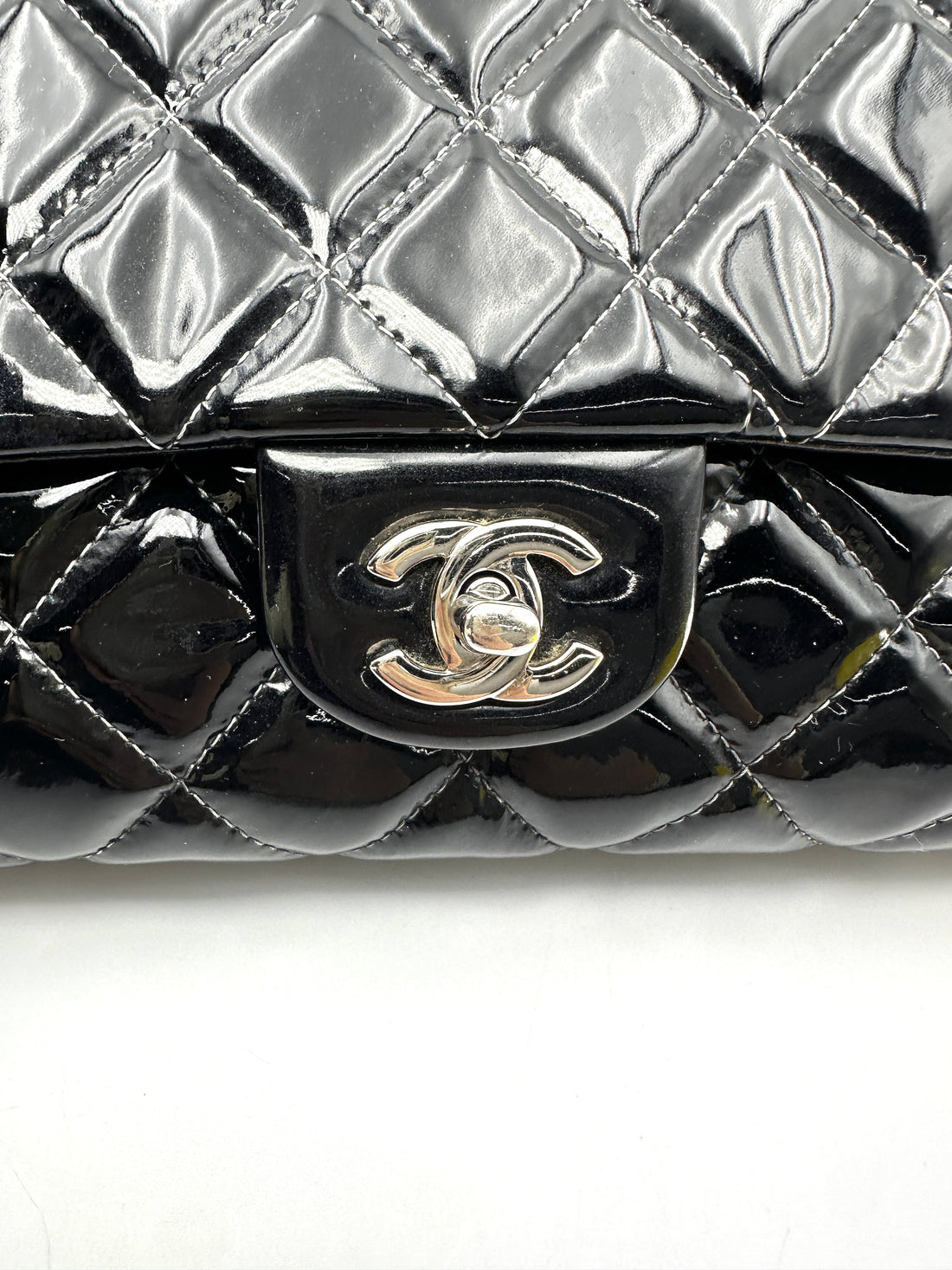 Chanel Classic Flap Black Quilted Patent Leather Jumbo Shoulder Bag With Silver Buckle(17***93) CC2401