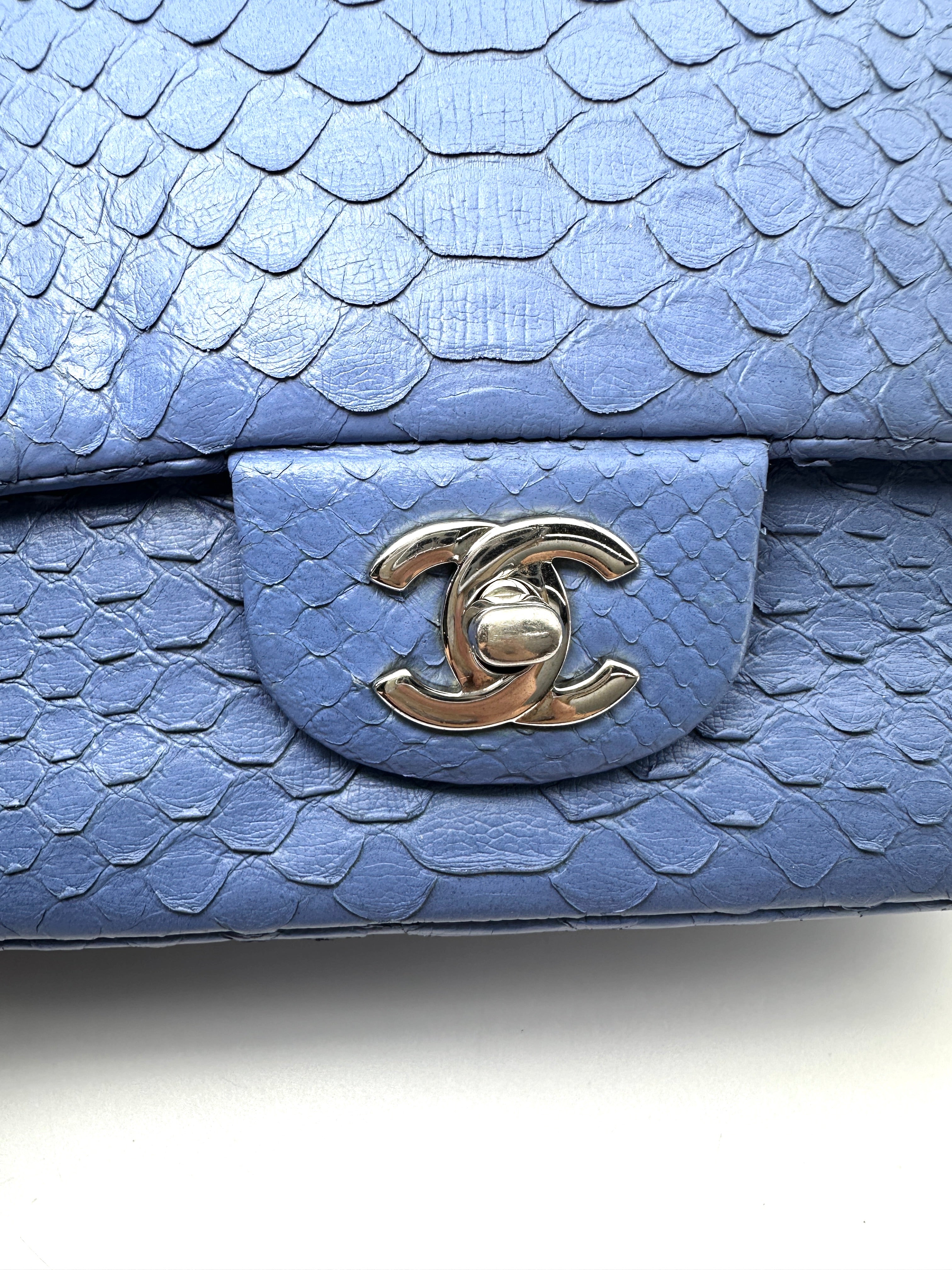 Chanel Classic Flap Blue Python Leather Shoulder Bag With Silver Buckle(18***34) IRIS259